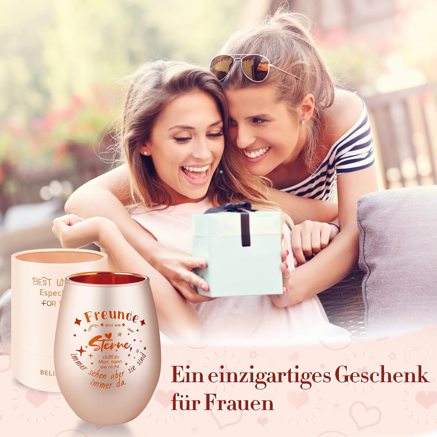 Belillpipi Gift for Girlfriend, Glass Lantern, Lantern in Rose Gold with Gift Box, Tea Light Holder with Engraving for Best Friend, Gift for Birthday, Christmas, Thank You for Women