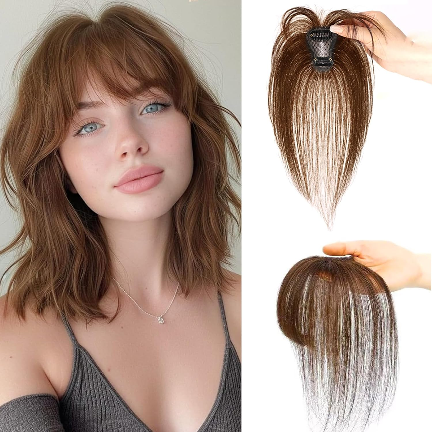 Clip-In Fringe Real Hair Piece with Clip, 360&deg; Coverage, Bangs Clip In, Hair Pieces for Thin Hair, Real Hair Fringe for Women, Mocha Brown image number 6