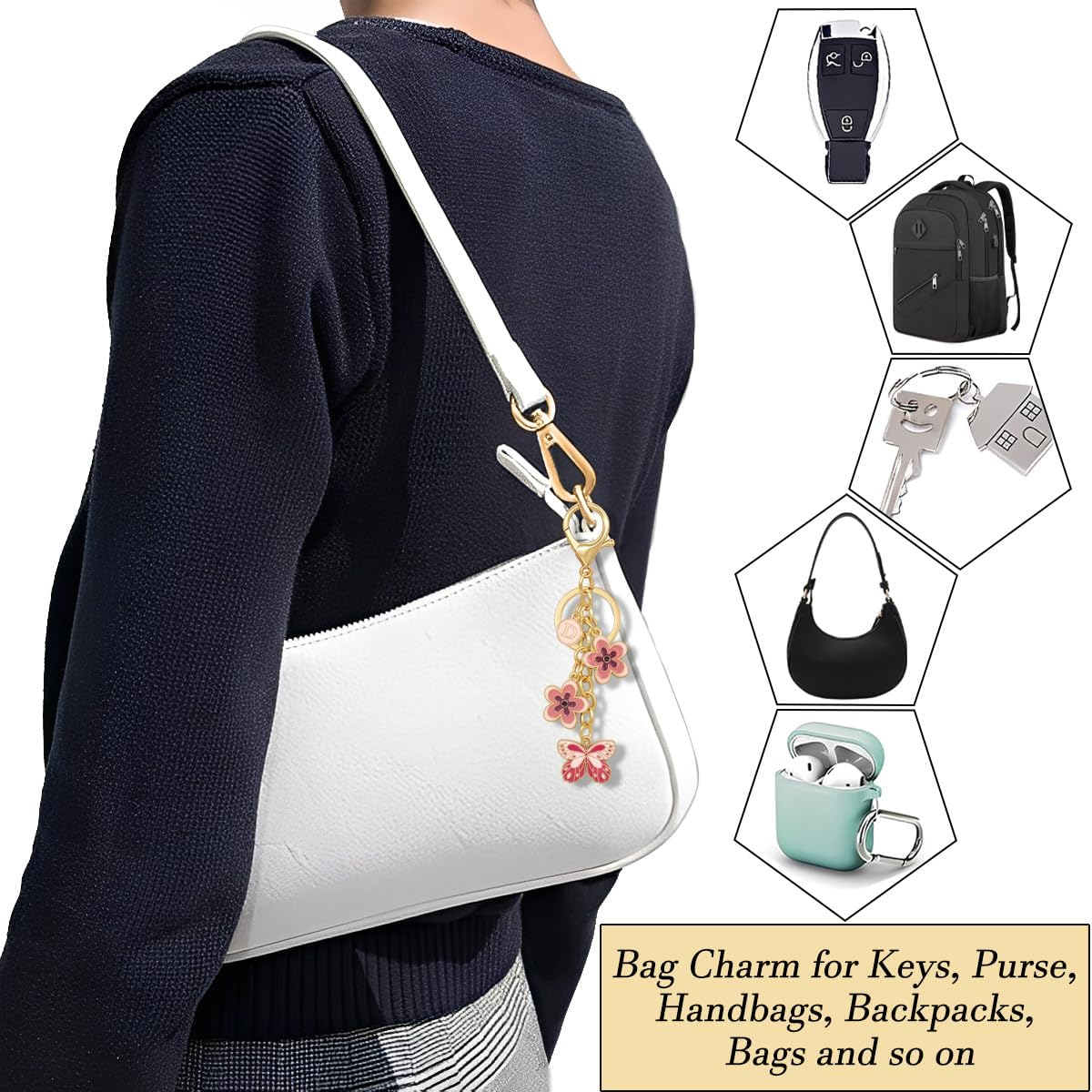 Yeeyeow Cute Initial Letter Flower and Butterfly Keychain for Women Purse Charms Bag Charms for Handbag Backpack image number 5