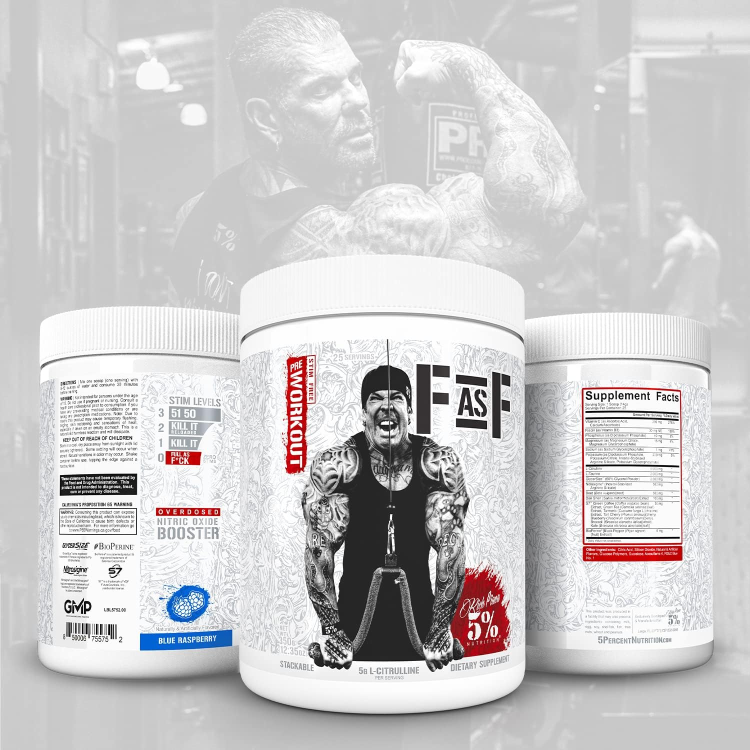 5% Nutrition Rich Piana Full AF Pre-Workout - Blue Raspberry | Zero Stims - Massive Pumps - Increased Blood Flow - Reduce Fatigue | Glycersize&trade; - Nitrosigine&reg; | - 25 Srvgs - 375G image number 2