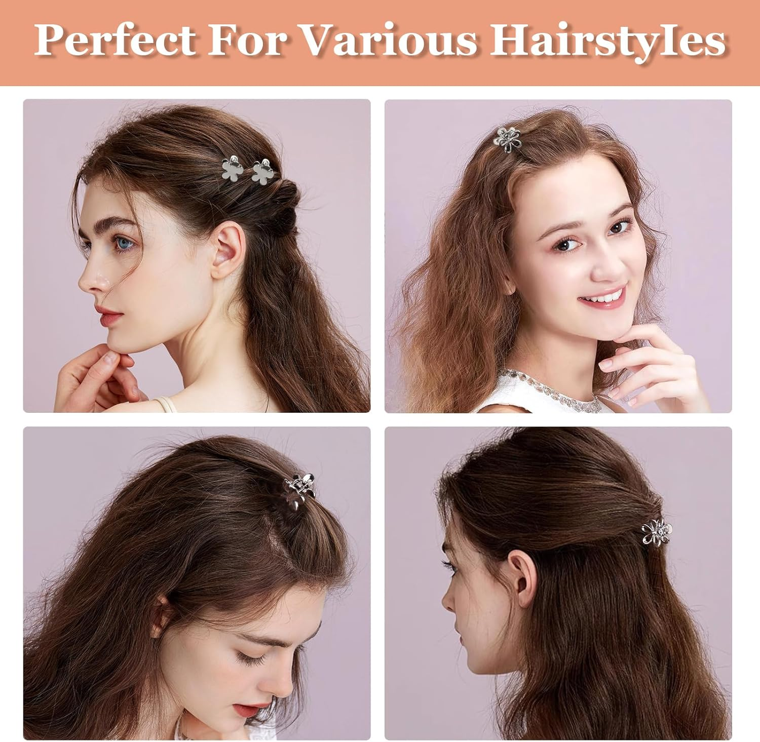 Mitdir Small Metal Hair Claw Clips, 12 Pieces Silver Mini Hair Clips, Non-Slip Pony Pins, Small Flowers Hair Pine Clips, Cute Tiny Hair Clips image number 1