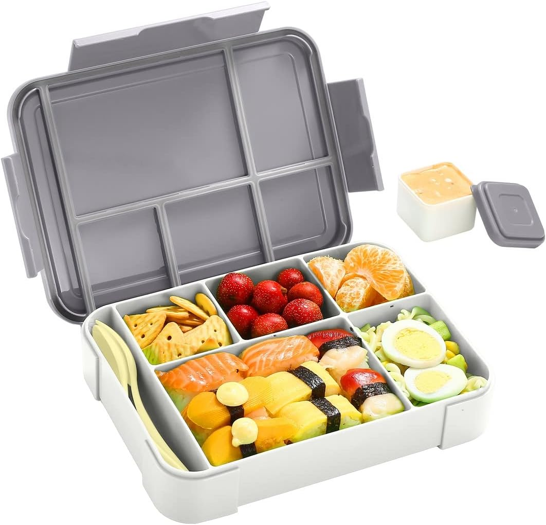 Inngly Children'S Lunch Box with 5 Compartments - 1.3L BPA Free Bento Box, Leak-Proof, Durable, Microwave & Dishwasher Safe, Includes Fork & Spoon, 9X6.7X1.9 Inches
