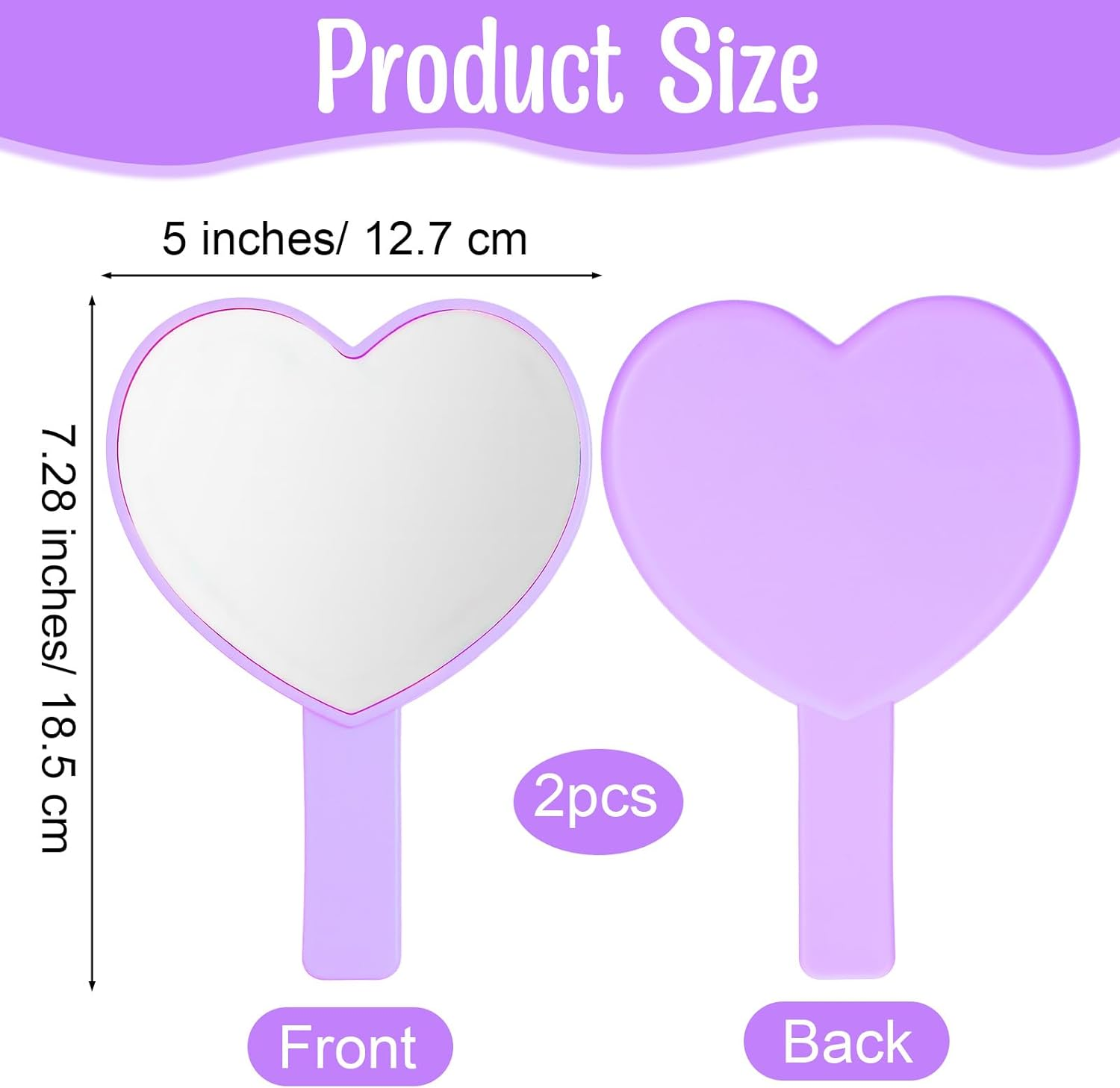 Sorcristy 2PCS Hand Mirror for Women，Heart Shaped Handheld Mirror Mini Cosmetic Mirrors with Handle Travel Makeup Decorative Hand Held Mirrors for Women Valentine&lsquo;S Day (Pink, Purple)