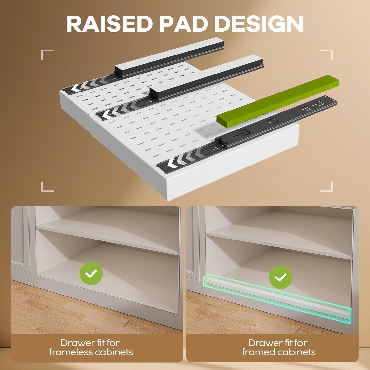 2 Pack Pull Out Cabinet Organizer with Raising Pad for Framed Cabinets, 53Cm Deep Expandable Slide Out Drawers for Kitchen Cabinets with 4Pcs Divider Racks, Roll Out Shelves 32Cm-52Cm W White image number 3