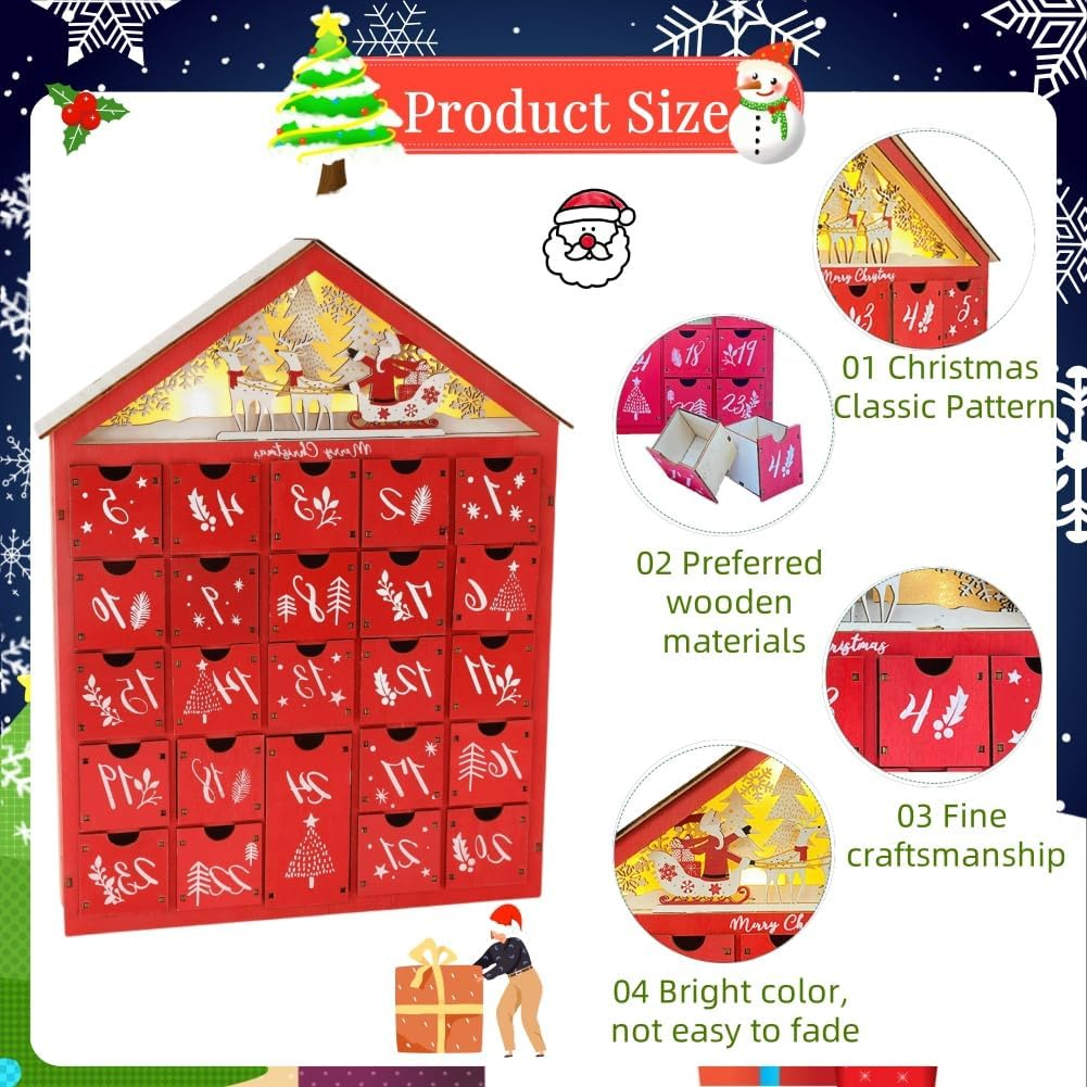 LED Christmas Advent Calendar with 24 Storage Drawers Wooden Advent Calendar Decorated with Christmas Tree House Reusable Xmas Countdown Calendar DIY for Adults Kids Gifts Holiday Decoration (Red) - Red image number 3