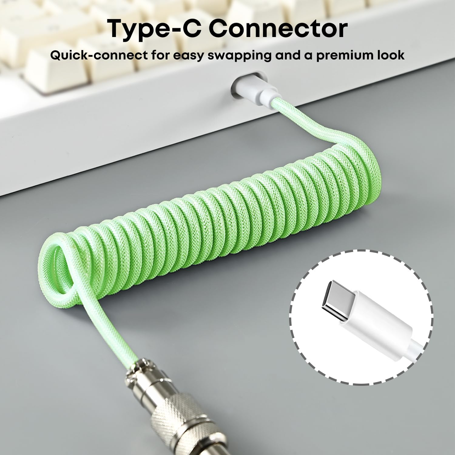 Coiled Keyboard Cable, MACHNIVO USB C Cable for Mechanical Gaming Keyboard, Detachable Metal Aviator for Custom Keyboard, PC Gaming Accessory (Jade Green)