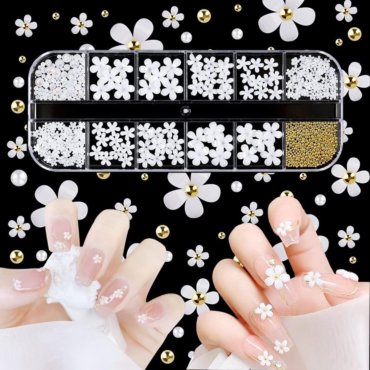 BEZANU Flower Nail Art Charms, White Flowers Nail Rhinestones Kit with Nail Beads for DIY Nail Art Craft (12 Kind) image number 1