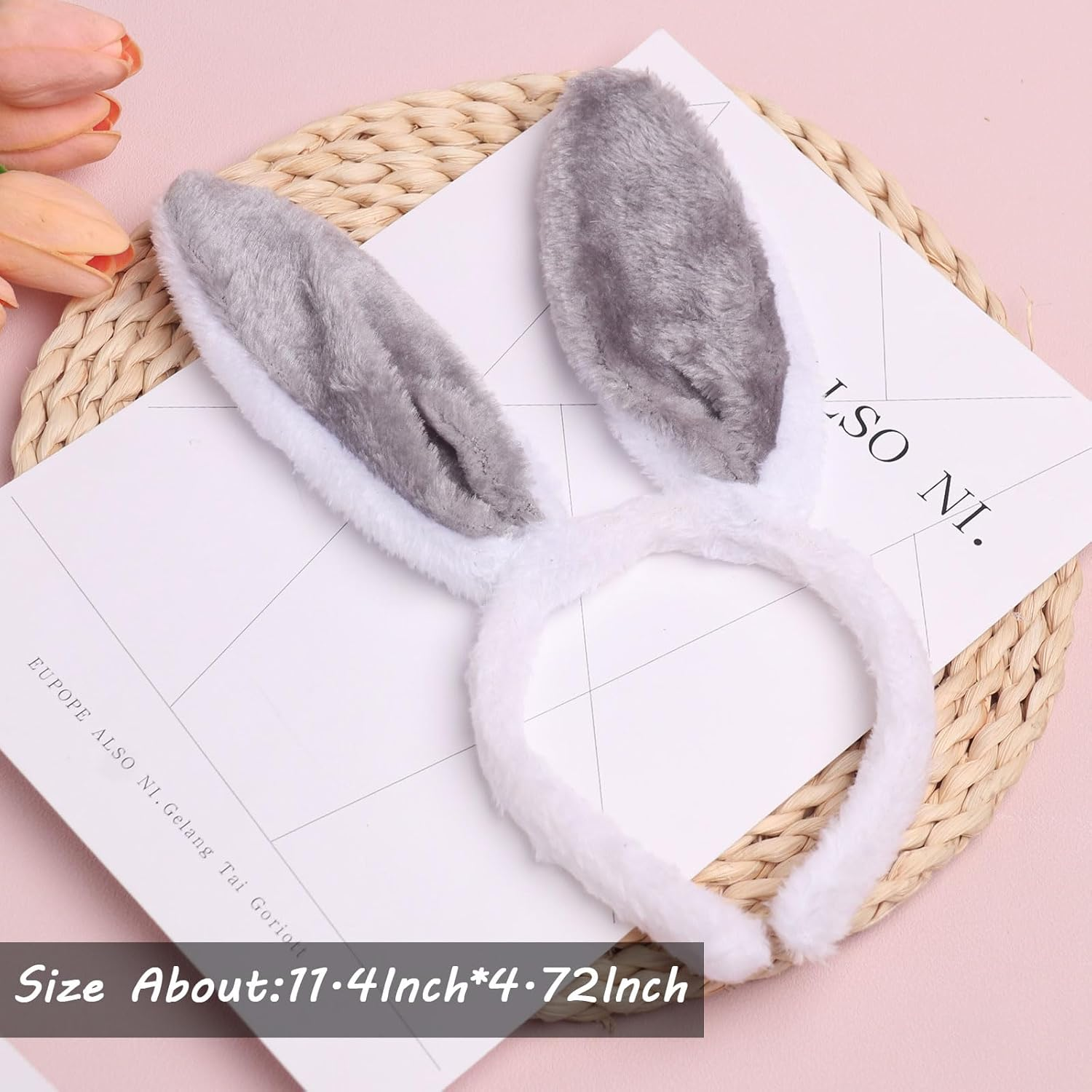HATOTO Bunny Headband Easter Hair Bands for Women Girls Kids, Cute Plush Rabbit Ears Hair Accessories Non Slip Headbands Easter Day Party Decoration Supplies - 4. Grey image number 6