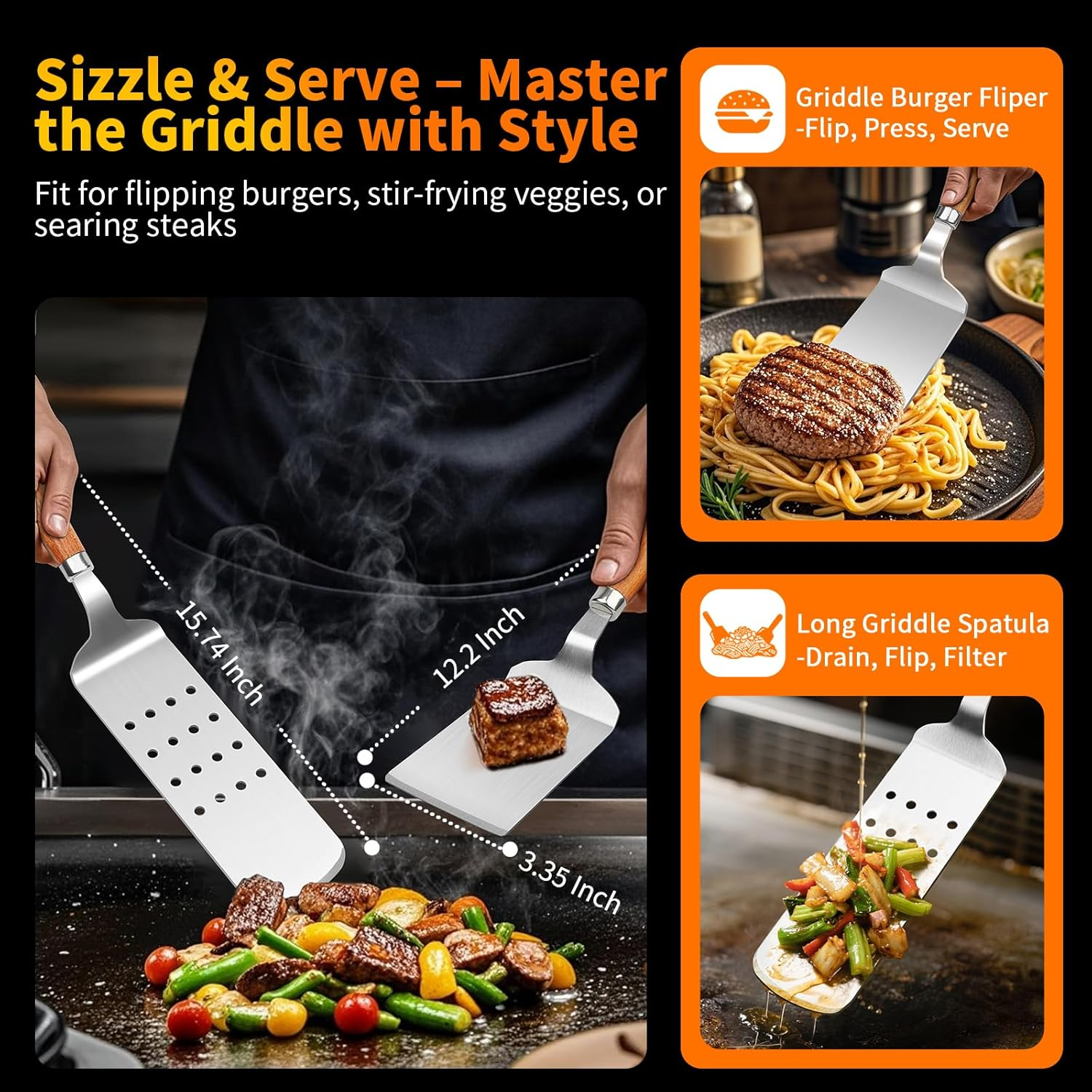 16 Inch Grilling Accessories Set, Heavy Duty Stainless Steel Grill Tools Set BBQ Accessories for Blackstone Griddle, Outdoor Grill with Spatula, Fork, & Tongs - Grilling Gifts for Men Women Father image number 3