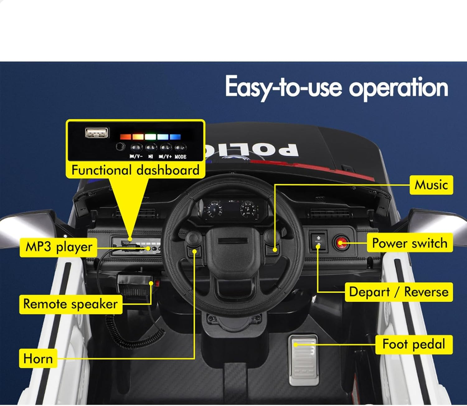 ALFORDSON Kids Ride on Car Remote Control, 12V Eletric Dual Motor Riding Car with Music Player LED Lights, Ride-On Toy Patrol Design Inspired from Police Vehicle for Toddler, Black image number 2