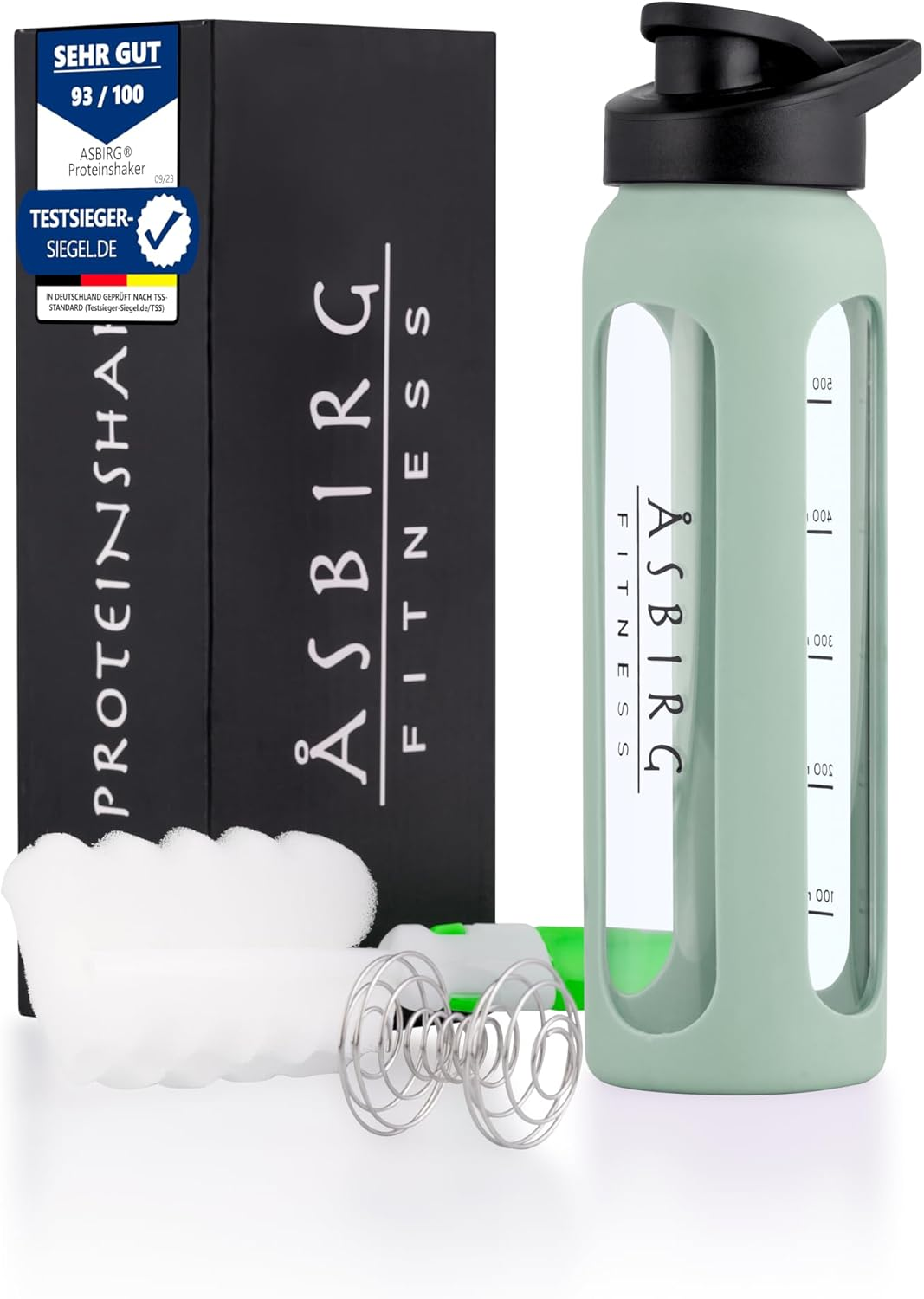 Asbirg Glass Protein Shaker 700 Ml - Bpa-Free, Leak-Proof & Robust - Protein Shaker with Borosilicate Glass Mixball - Drinking Bottle for Fitness & Sports | Pastel Green