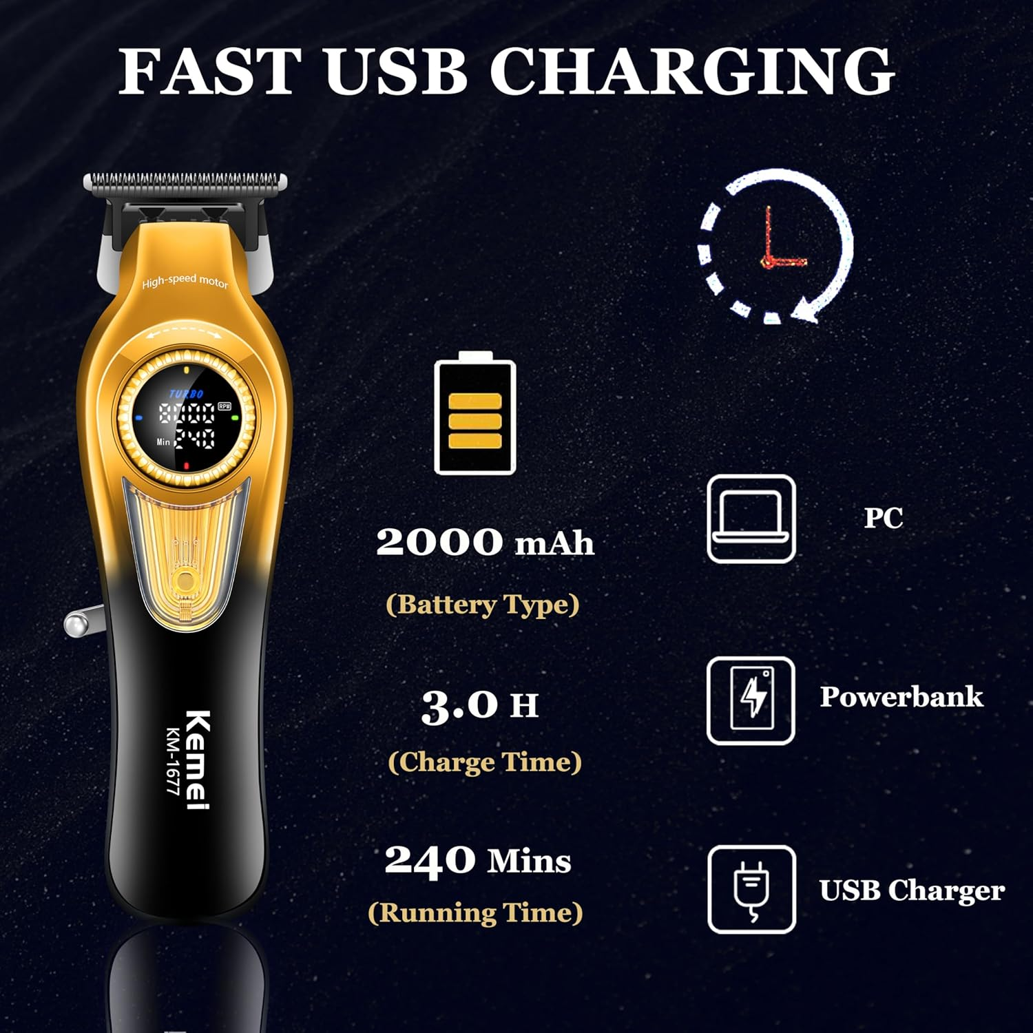 KEMEI 1677 Beard Trimmer for Men, Professional Hair Clippers, Cordless Barber Clipper with LED Display, DLC T-Blade Hair Trimmer, 8000 RPM Turbo Brushless Motor image number 6