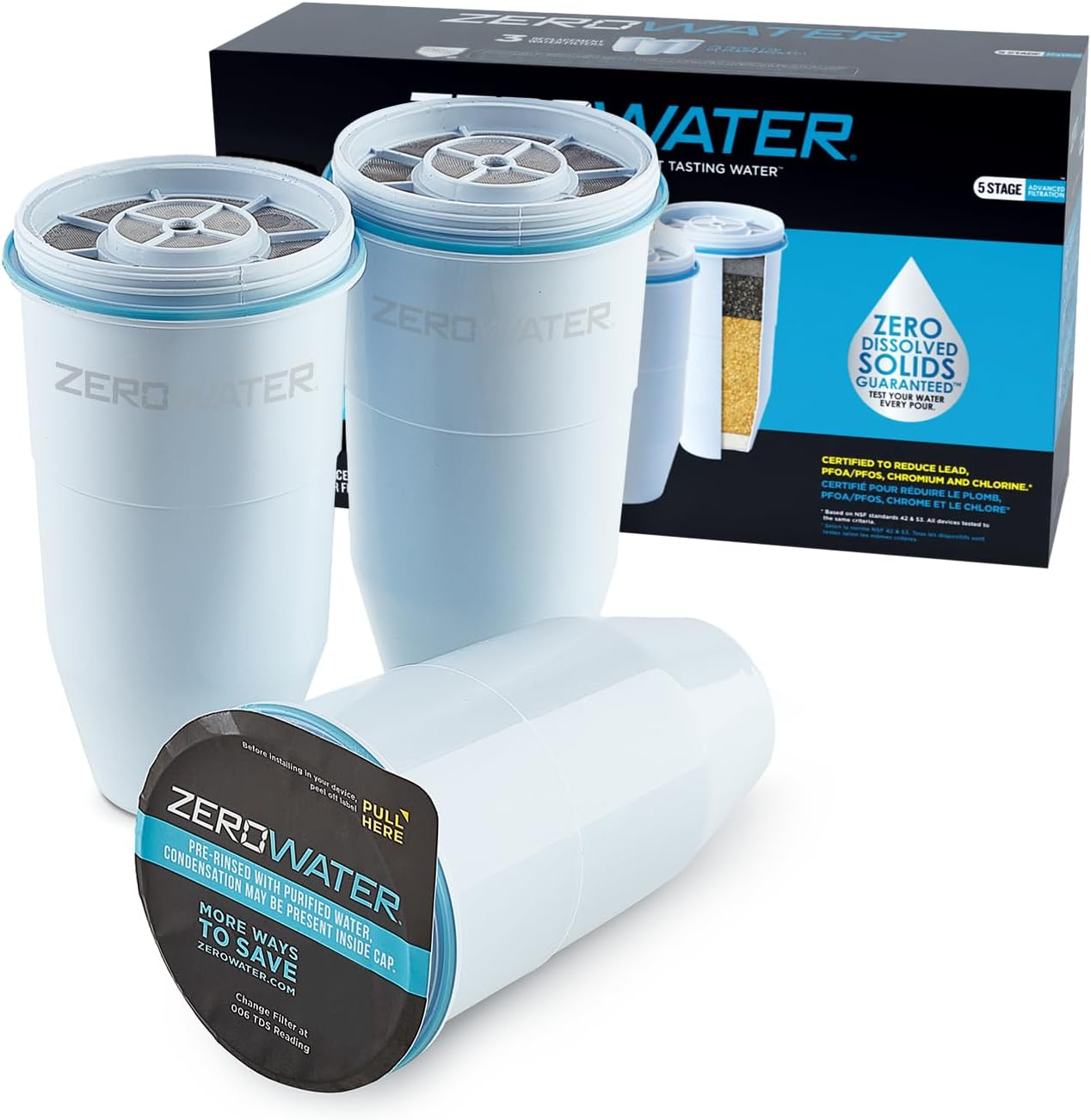 Zerowater Official Replacement Filter - 5-Stage Filter Replacement 0 TDS for Improved Tap Water Taste - System NSF Certified to Reduce Lead, Chromium, and PFOA/PFOS, 3-Pack