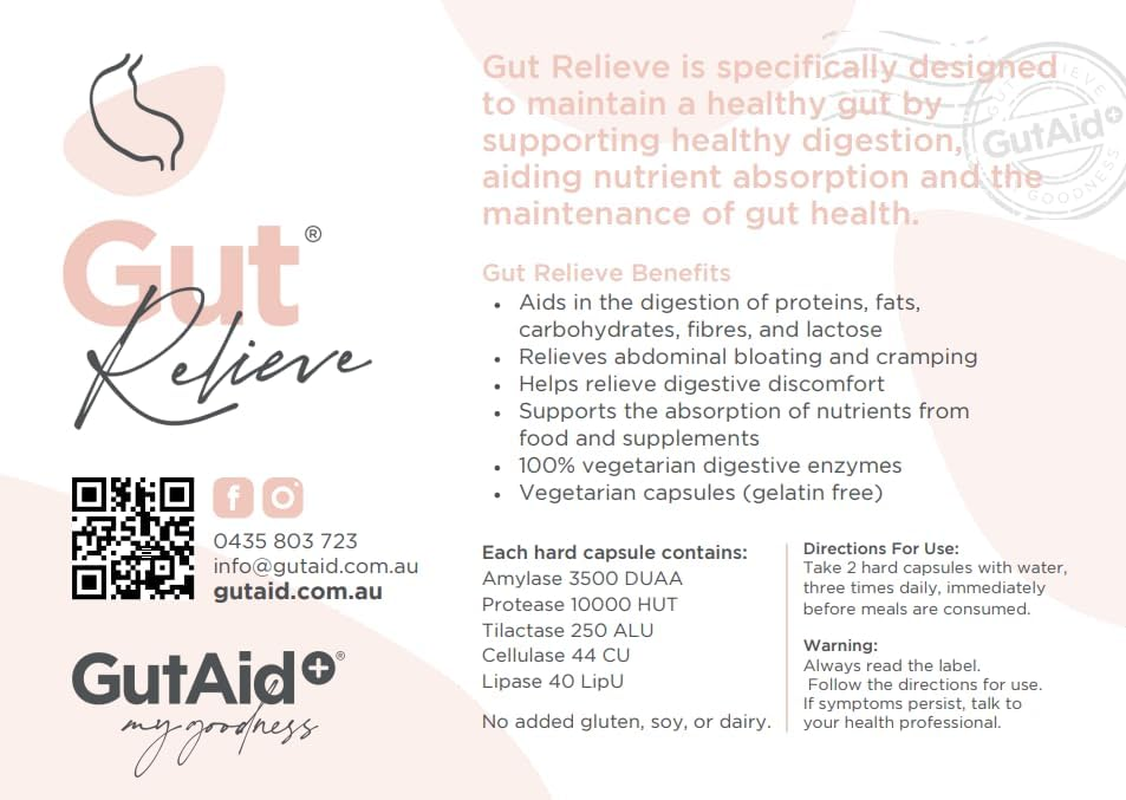 Gutaid+ Gut Relieve 180 Capsules | Pure Vegetarian Enzyme Formula. Relieves Abdominal Cramping, Bloating and Digestive Discomfort. Assists Healthy Digestive System Function and Nutrient Absorption. Reduces Occurrence of Food Intolerances Including Dairy and Gluten. Helps with Digestion of Fats, Acids, Sugars and Lactose image number 2