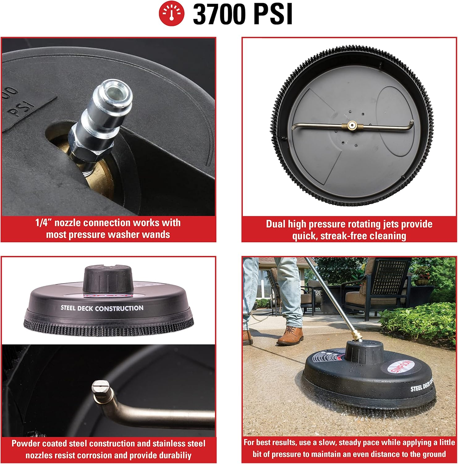 Simpson Cleaning 80165 Universal Scrubber, Rated 15" Steel Pressure Washer Surface Cleaner for Cold Water Machines, 1/4" Quick Connection, Recommended Min 3000 Max of 3700 PSI, Black image number 4