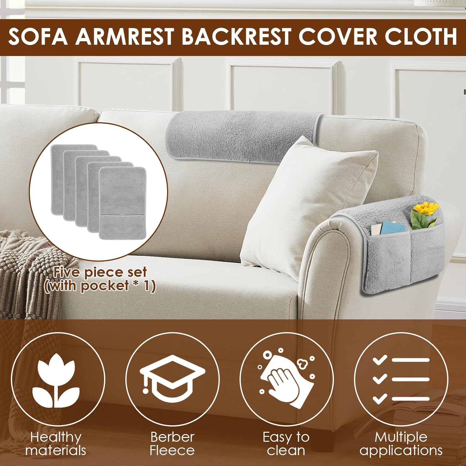 5 Pcs Sofa Armrest Cover Recliner Headrest Protector Nonslip Armchair Covers Sofa Slipcover with Side Pocket Abrasion Furniture Protector Fit Most Recliners Lounge Chairs and Sofa Armrests (Gray) image number 4