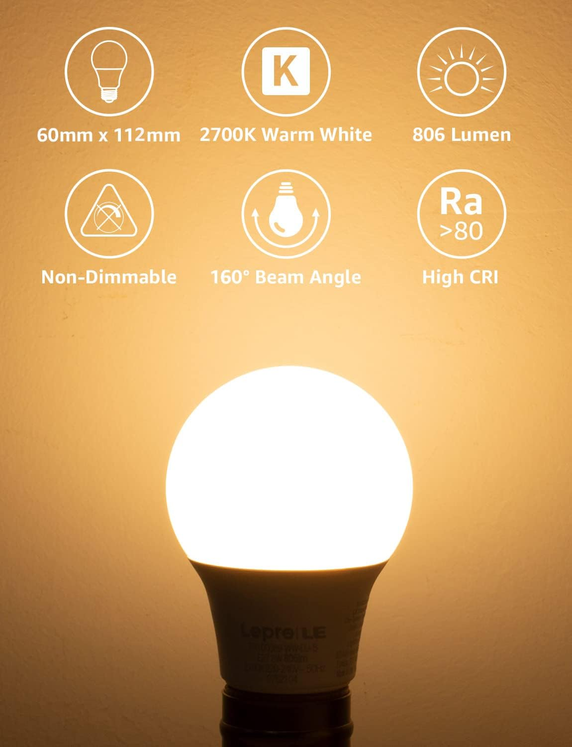 Lepro E27 Screw Bulbs 60W Equivalent, Warm White 2700K E27 LED Bulb, 8.5W 806Lm Edison Screw ES LED Light Bulb, Energy Saving Light Bulbs for Lamp, Non-Dimmable, Pack of 6 image number 3