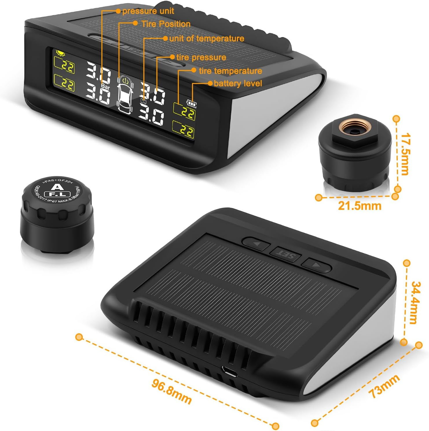 Avutrel TPMS Waterproof Tyre Pressure Monitoring System Wireless Solar Real-Time for Car Caravan SUV RV Trailer Van (0-5 Bar) - 4 External TPMS Sensors with 5 Alarm Modes