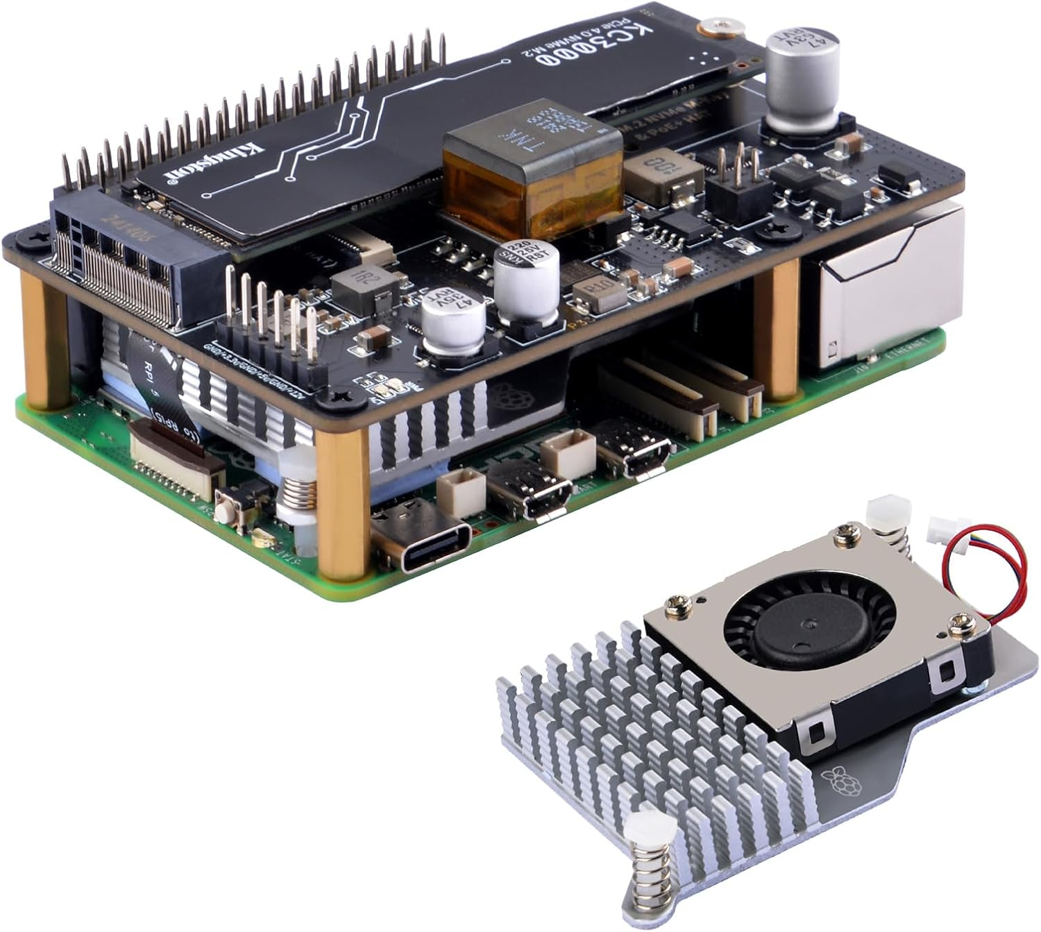 Geeekpi P33 M.2 NVME M-Key Poe+ Hat with Official Pi 5 Active Cooler for Raspberry Pi 5, Support M.2 Nvme Ssds 2230/2242/2260/2280 image number 4