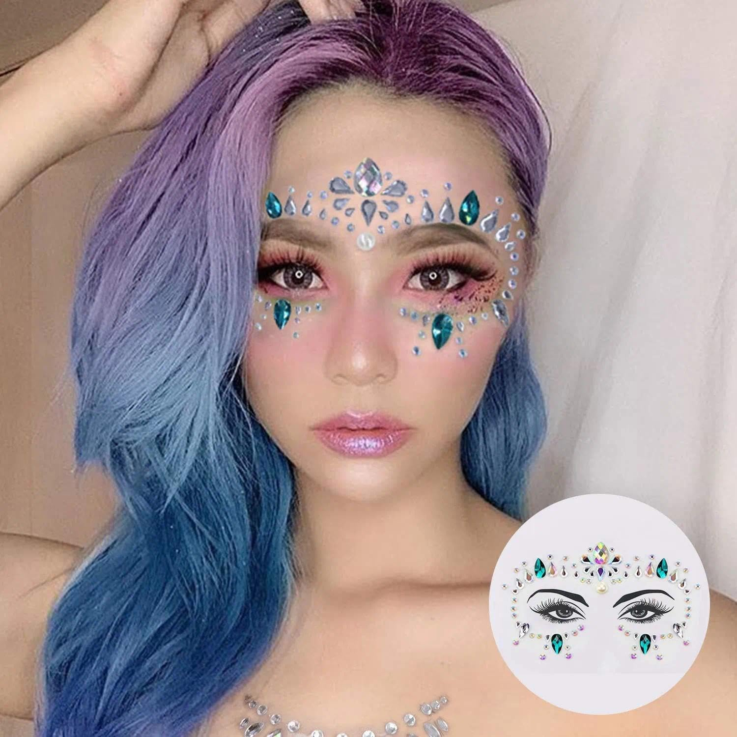 Weidllys 10 Sets Mermaid Face Gems Glitter，Rhinestones Body Temporary Stickers，Crystal Stickers Decoration，Rhinestone Rave Festival Face Jewels image number 2