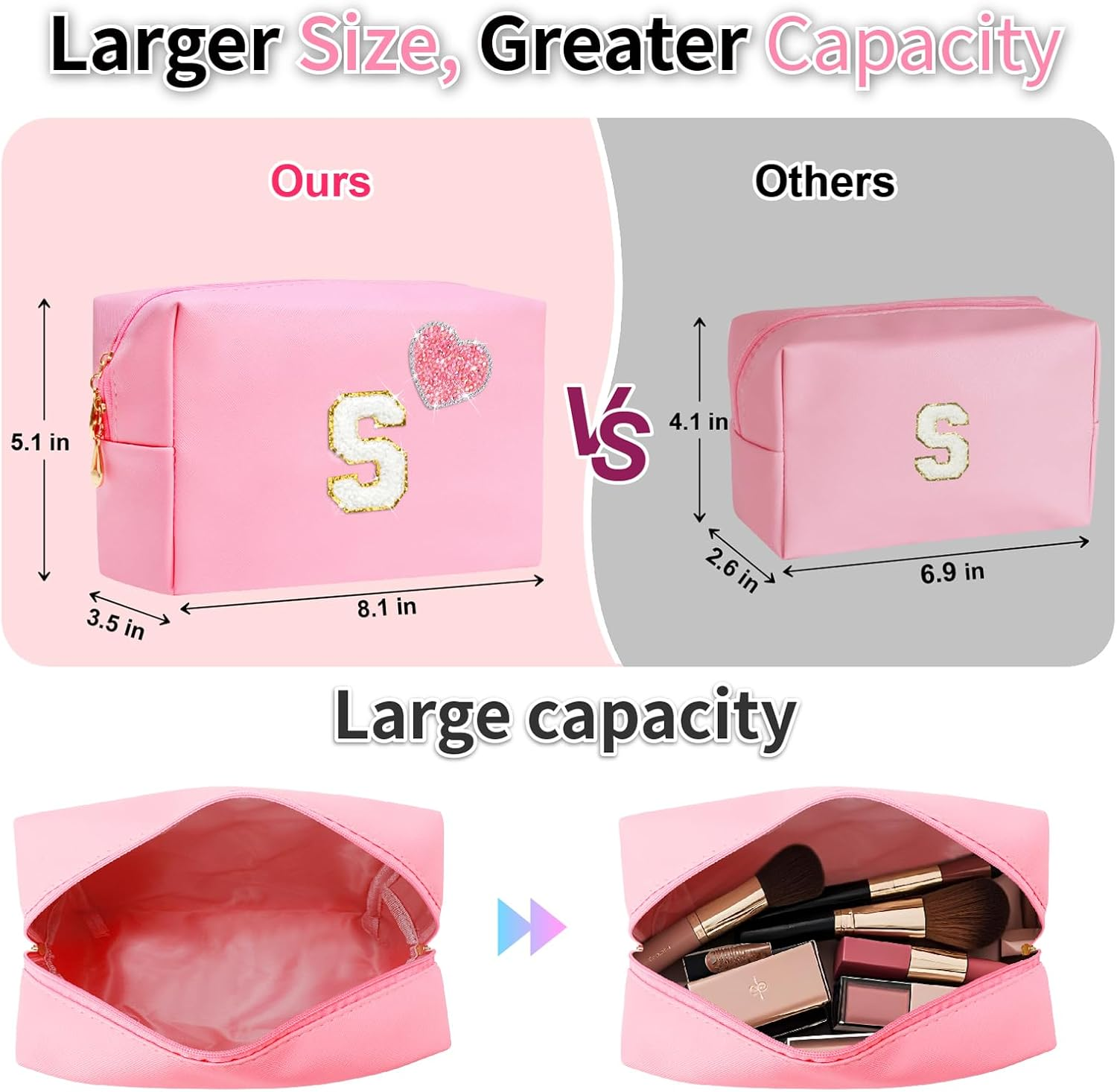 YILANCOL Personalized Initial Makeup Bag with Bling Heart Preppy Cosmetic Bag Cute Toiletry Travel Bag for Teen Girls Women Letter Makeup Pouch Purse for Holiday Birthday Christmas Gifts, Pink image number 1