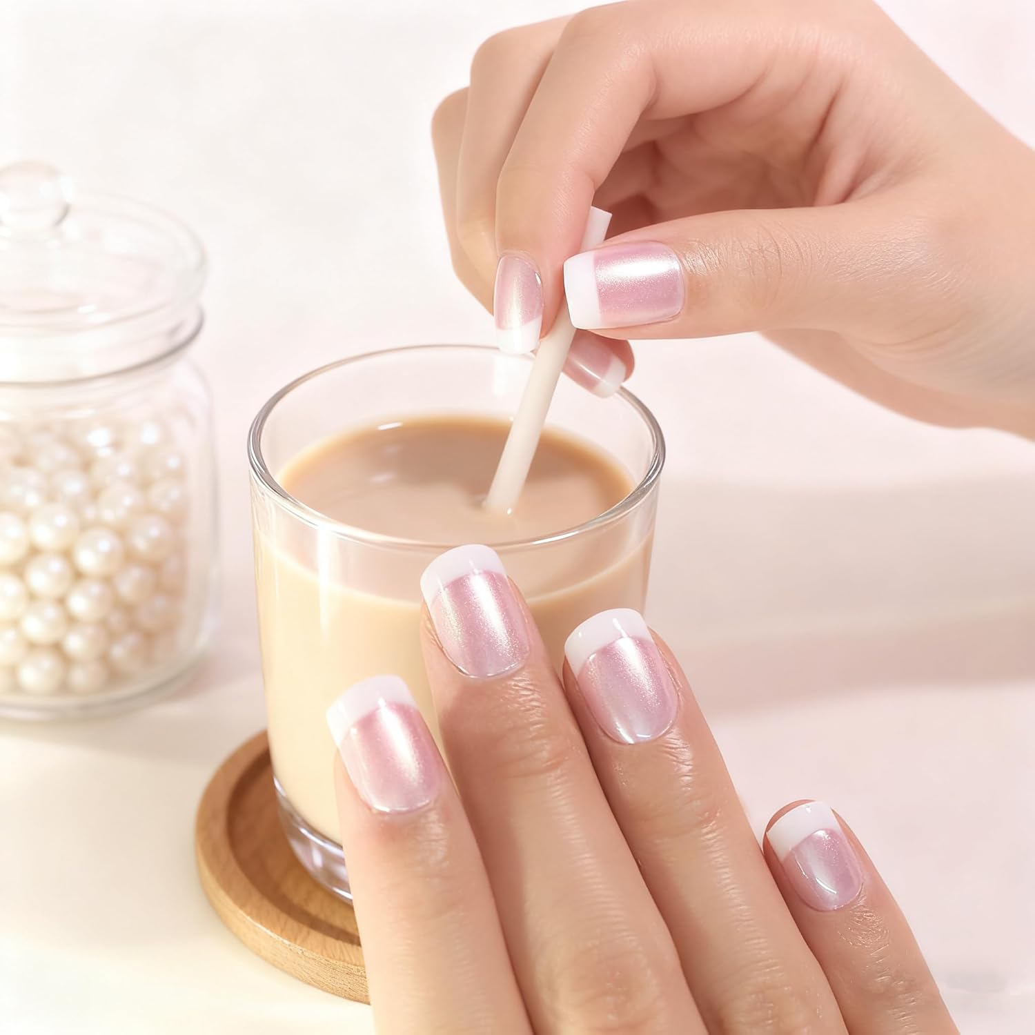 Elevenail Summer Nails Glossy Pearl Pink White French False Nails Short Squoval Press on Nails Fake Salon Manicure Faux Ongles Reusable Nail Art Tips Gift for Women and Girls image number 3