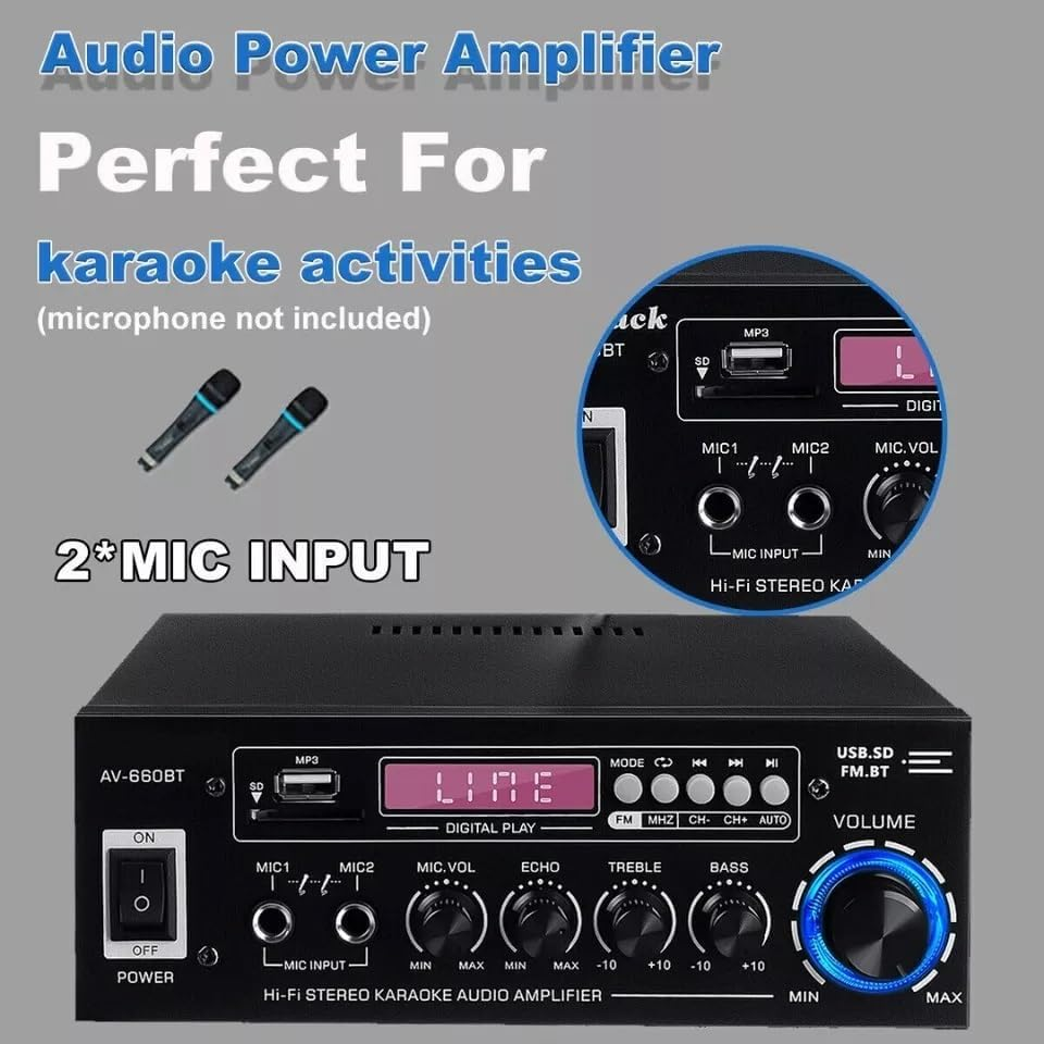 1200W Stereo Audio Amplifier, Bluetooth 5.0 Power Amplifier, 2 Channel Stereo Audio Receiver with 5-Band EQ Mixer, USB/SD Inputs, DVD/AUX Signal Support, FM Radio for Car and Home Theater image number 1