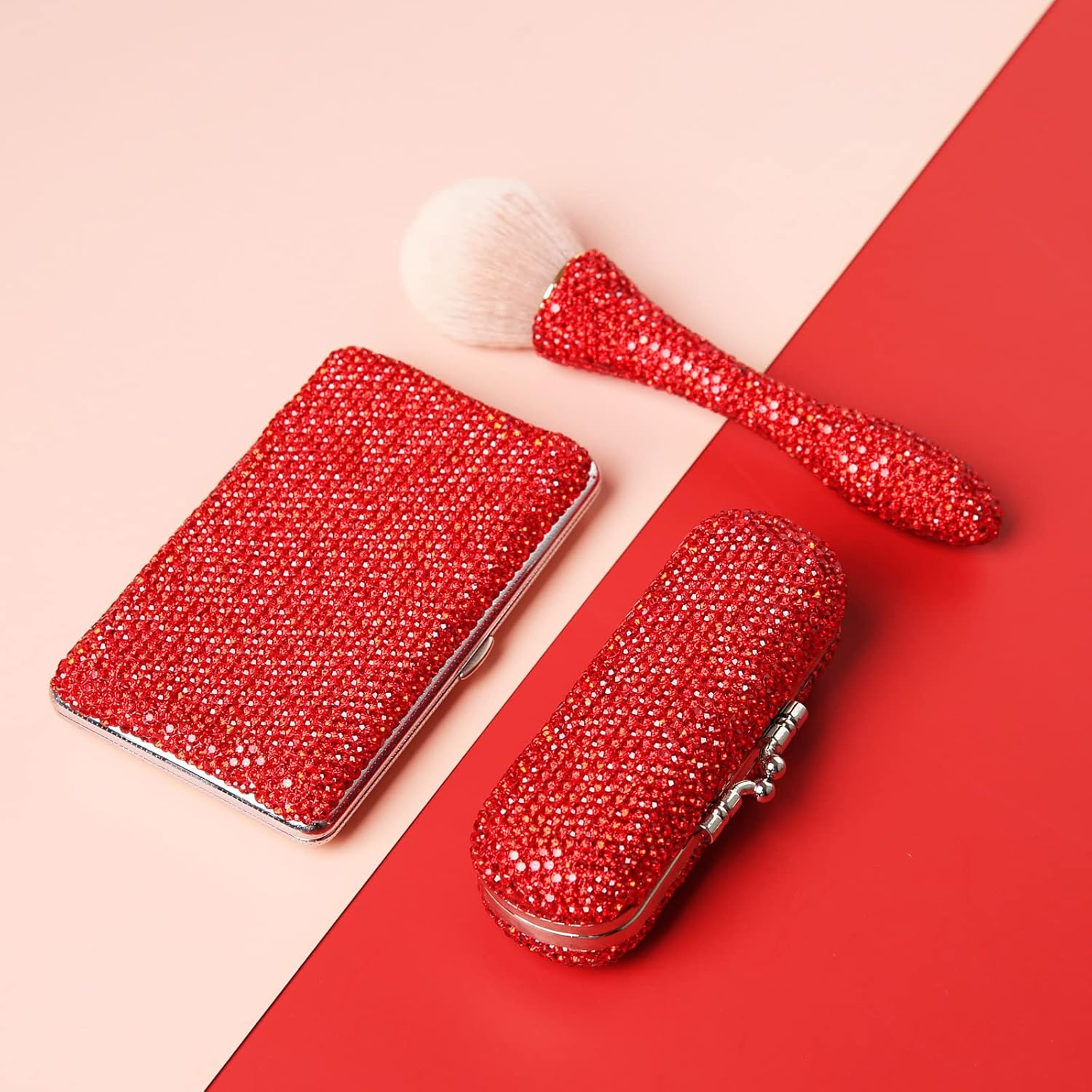Asalways Shiny Rhinestone Crystal Portable Lipstick Case with Mirror Portable Bling Diamonds Makeup Cosmetic Storage Holder for Travel Ladies Fashion, Red - Red image number 2