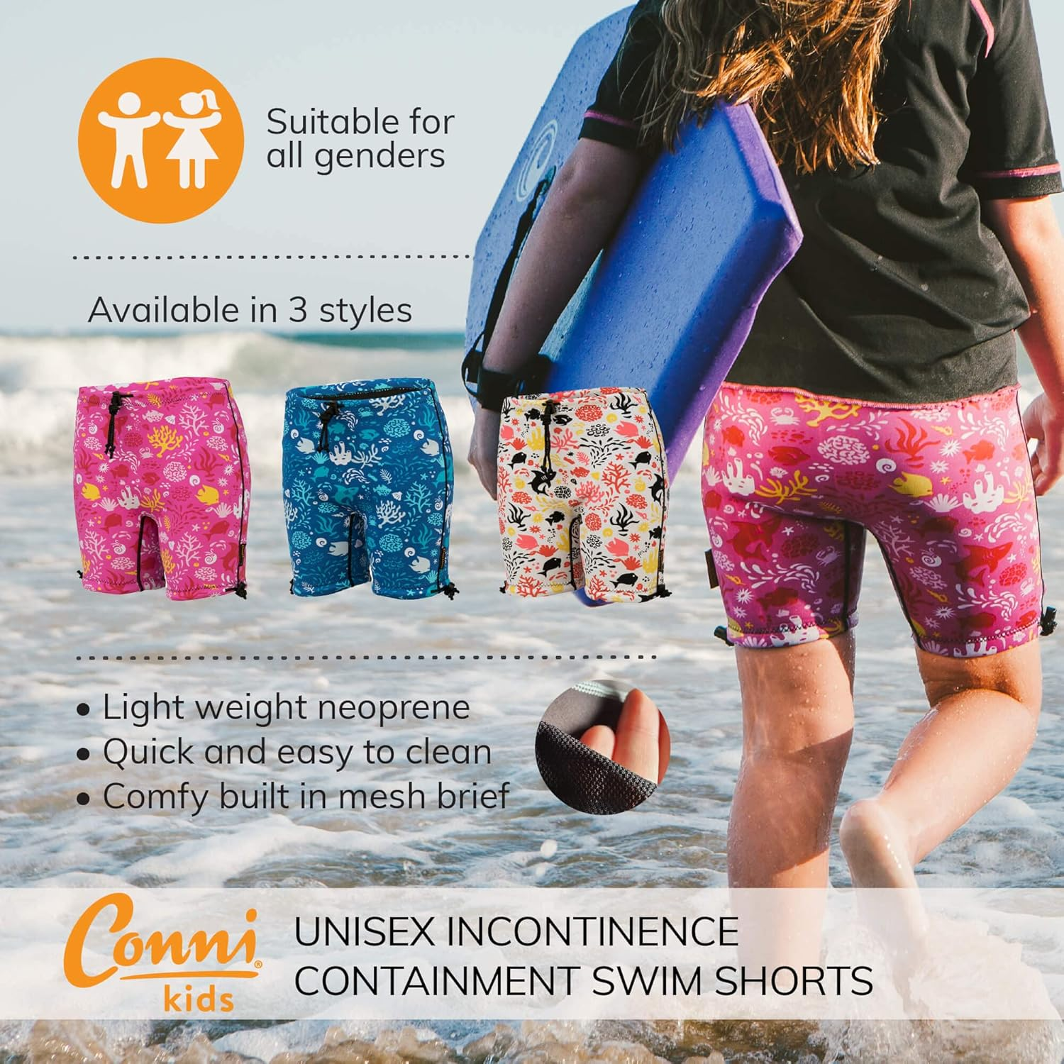 Conni Kids Containment Swim Short Washable Swim Diaper for Incontinence and Potty Training, Sunset Pink, Size 4-6