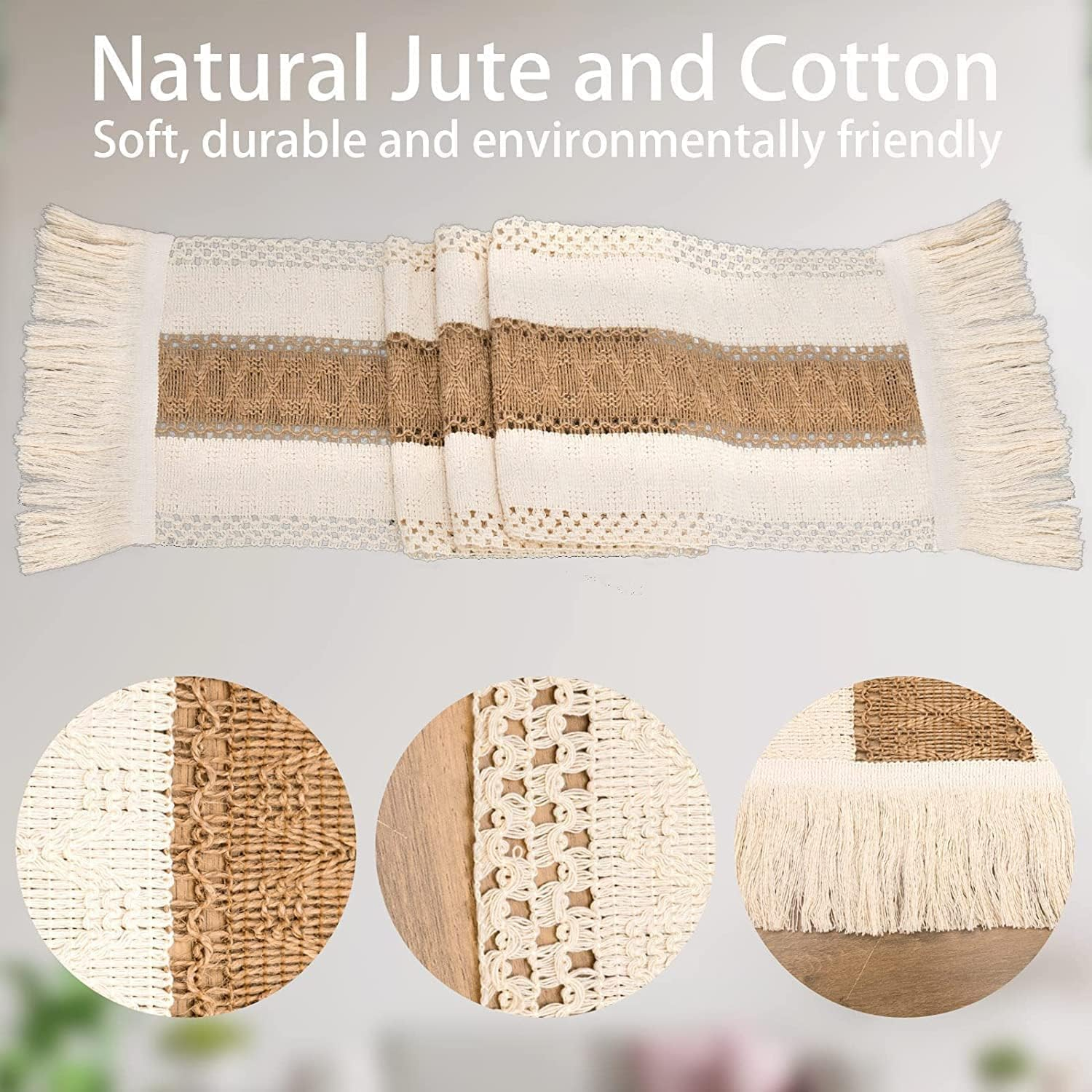 KEPTFIT Macrame Fabric Table Runner, Boho Cotton Table Runner with Tassels for Wedding Bridal Shower Shower Rustic Dining Table Decoration 12 X 72 Inch (B) image number 6