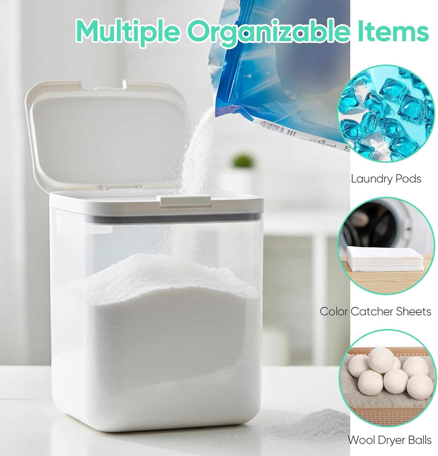 Mannicix Pack of 2 Containers for Detergent, Detergent Box with Spoon, Storage Box for Washing Powder, Laundry Detergent Storage, 2L Detergent Container for Washing Capsules, Bath Bombs image number 4