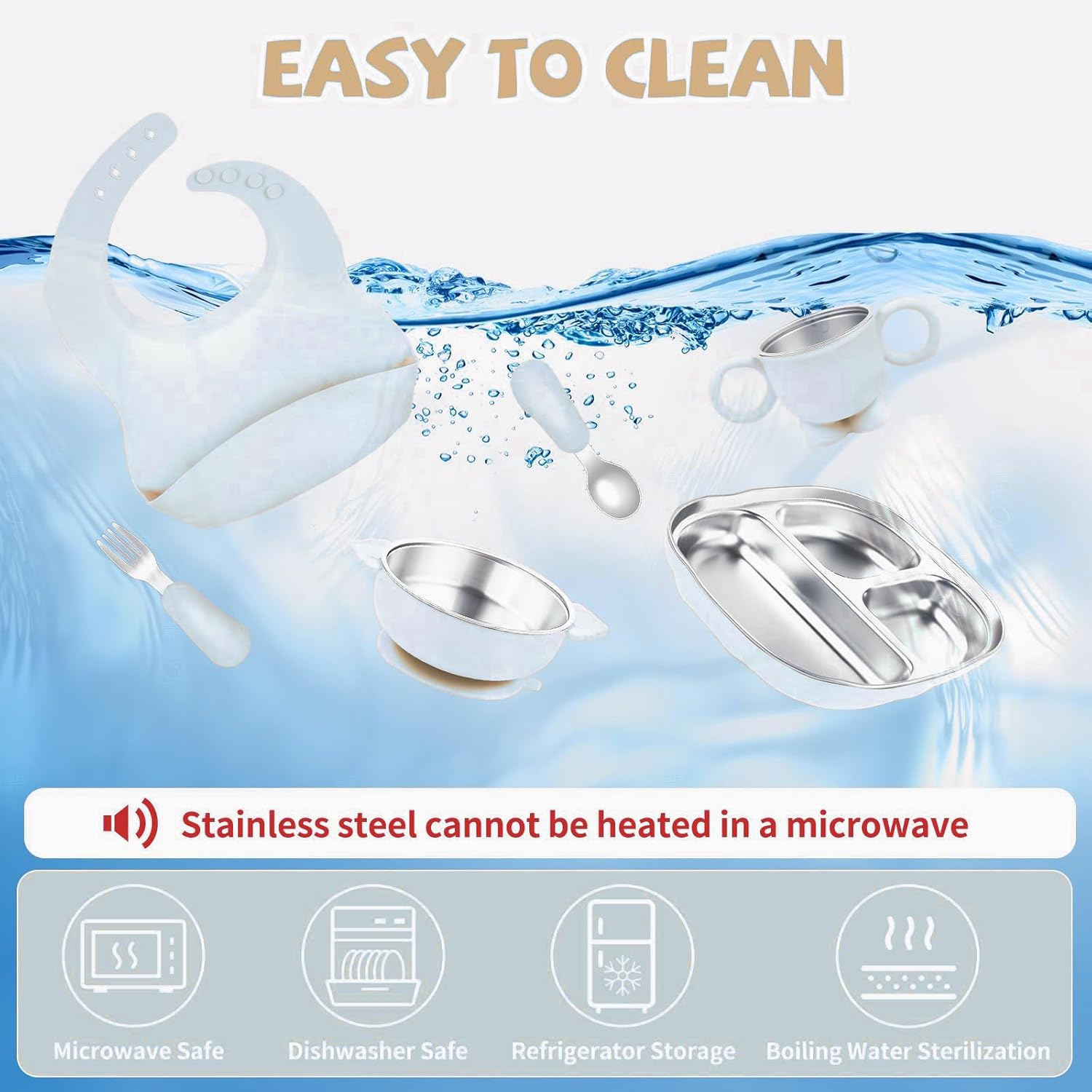 6-In-1 Blue Stainless Steel Kids Plates and Bowls, Contain Deep-Divide Toddler Plates, Bowls, Cup, Utensils & Bib &ndash; Bpa-Free 304 Steel + Silicone Suction &ndash; Dishwasher Safe image number 3