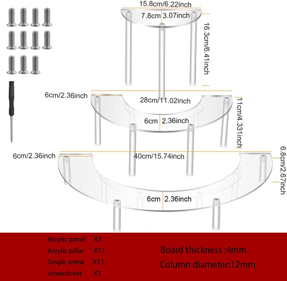 3-Tier Clear Acrylic Display Stand, Half Moon Riser Shelf for Pop Figures, Cupcakes, Cosmetics, Collections (Transparent, 3 Tier)
