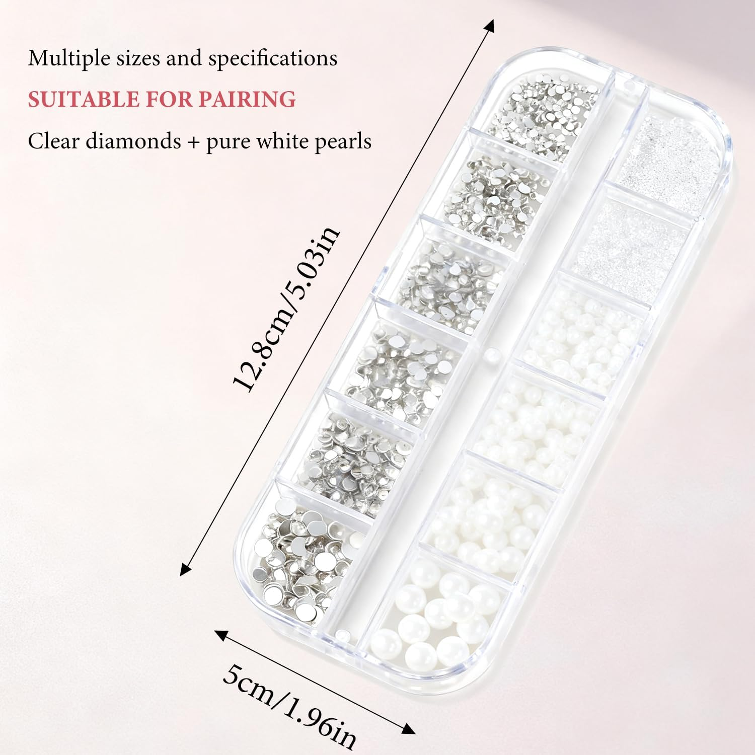 WALWAL 12 Compartments Nail Art Decoration Kit Pearls Steel Balls DIY Manicure Accessories with Dual End Tweezers(Pearl) image number 1