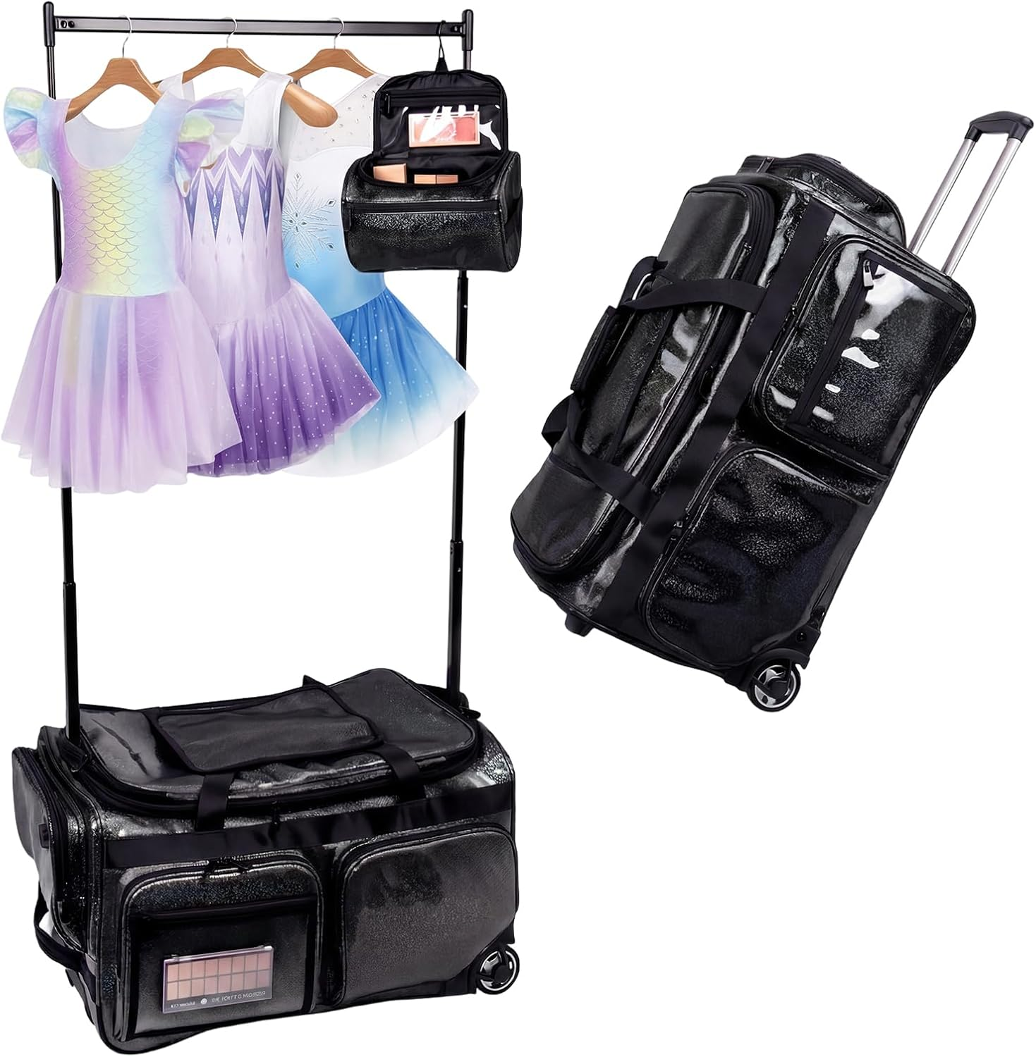 Advwin 3-In-1 Rolling Dance Bag with Instant Changing Design, Portable Garment Rack & USB Light Glitter Performance Duffel for Dancers