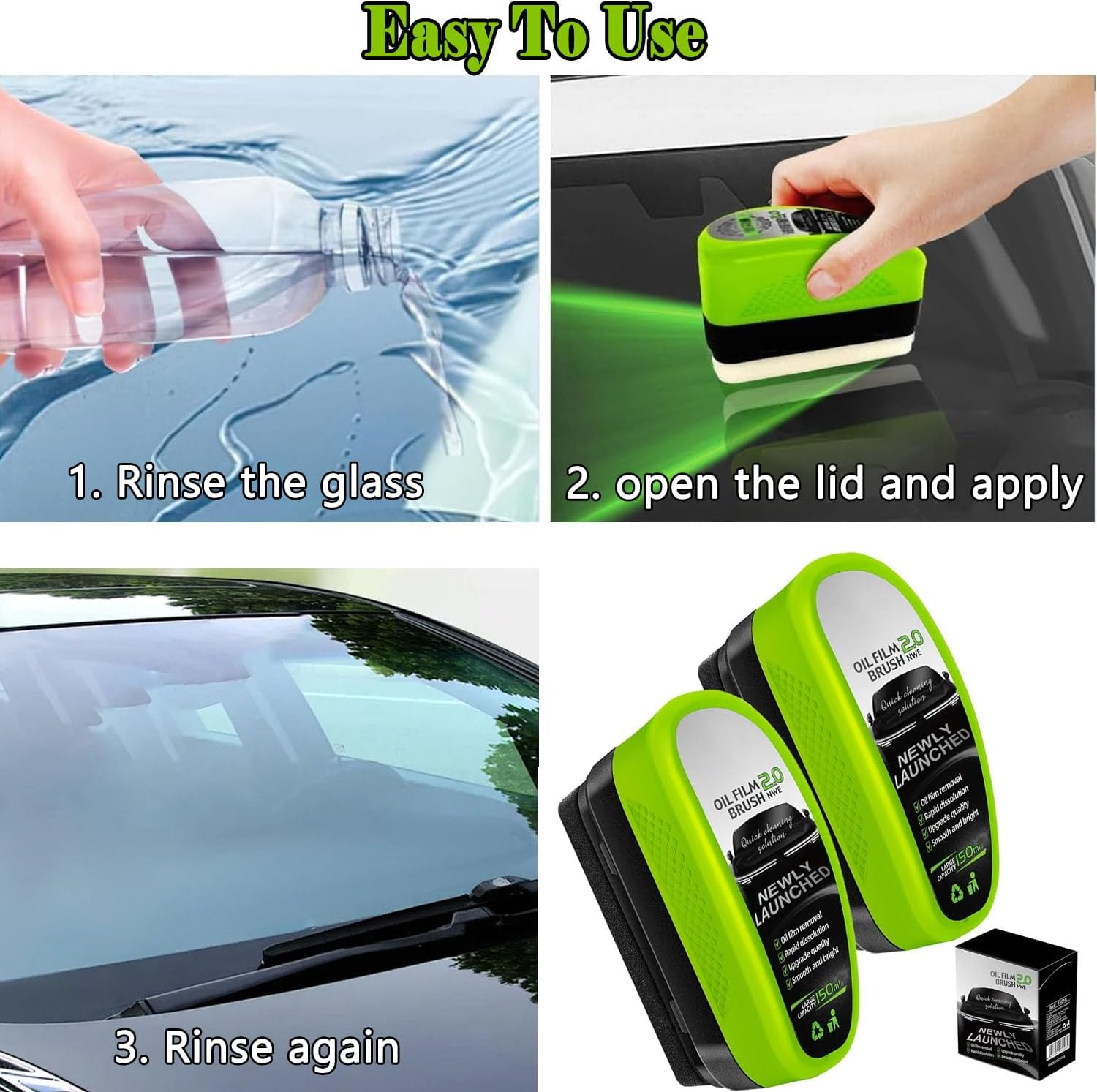 Wakouter Automotive Oil Film Cleaning Brush, 2 Pack 150Ml Automotive Oil Film Cleaning Brush, Car Windscreen Cleaner, for Easily Improve Clarity & Visibility, for Windows & Windshield Washer