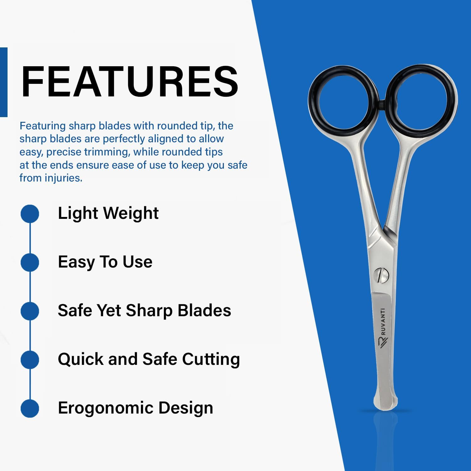 Ruvanti 5.2" Kids Hair Cutting Scissors - Safety Rounded Tip Barber Shears for Children, Infants & Facial Hair Trimming - Sharp Stainless Steel Blades, Ergonomic Grip - Ideal for Home & Salon Use image number 4