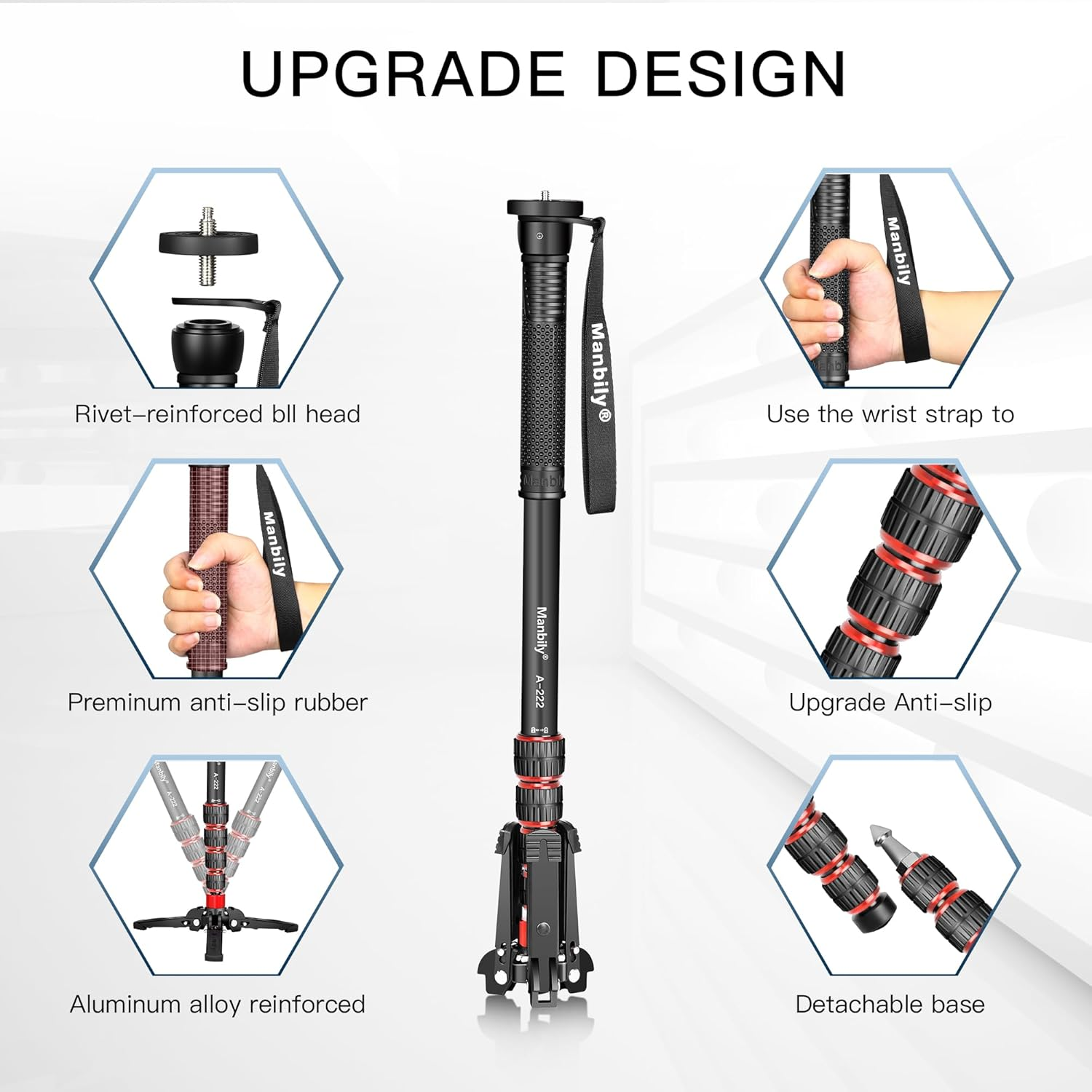 Manbily Extendable Camera Aluminum Monopod with Feet, 170Cm Monopods for Cameras Portable with Removable Tripod Base for DSLR Canon Nikon Sony Video Camcorder, 5 Sections, Max Load 15.5 Lbs (A-222) - Black+Red image number 6