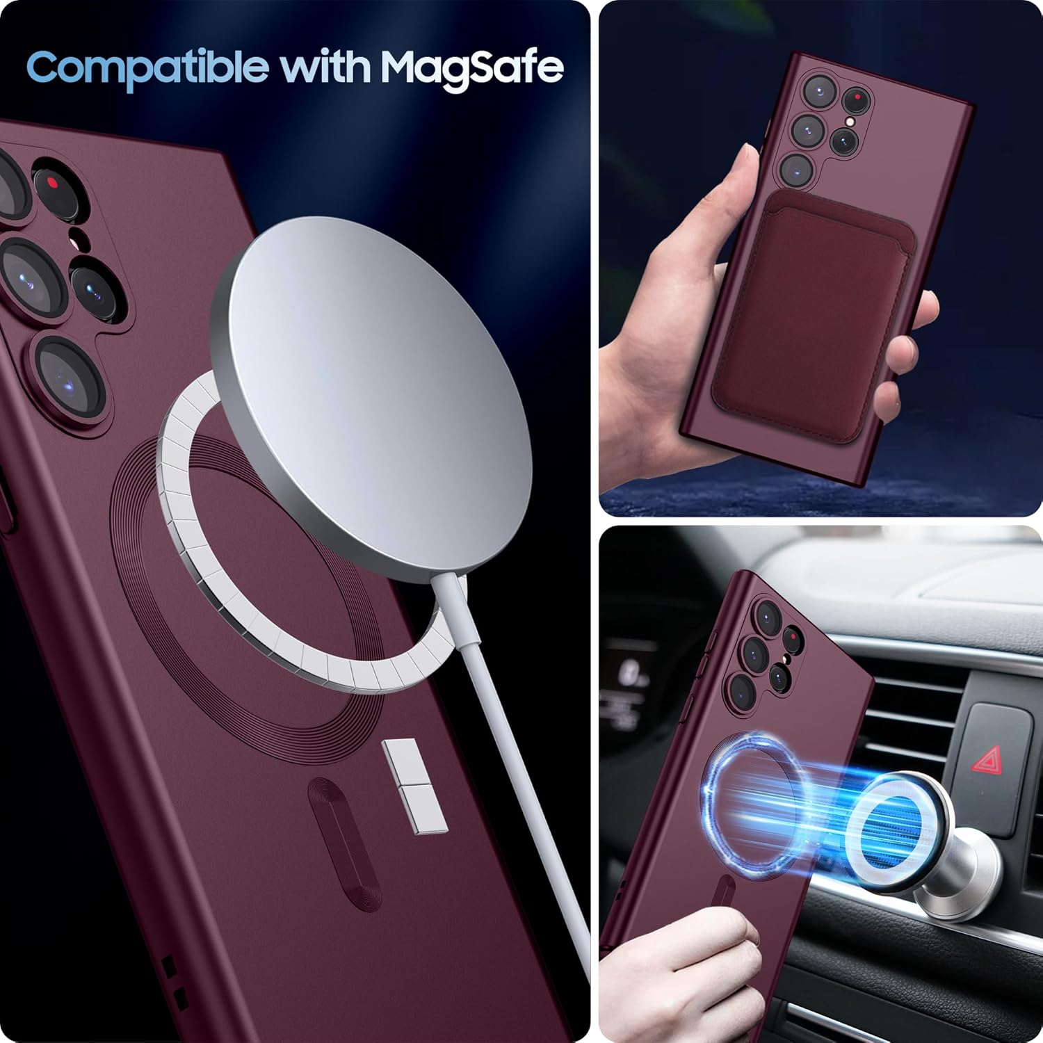 MAKAVO Matte for Samsung Galaxy S22 Ultra Case, Compatible with Magsafe, Slim Thin Magnetic Cover with Built-In Camera Lens Protector Shockproof Phone Shell (Burgundy) - Burgundy image number 6