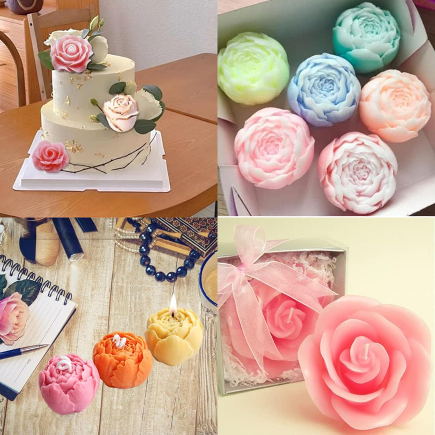 6 Pieces Flower Silicone Soap Mould,Flower Fondant Mould,Rose Candle Mold,Fondant,Candy,Chocolate,Cake, Candle