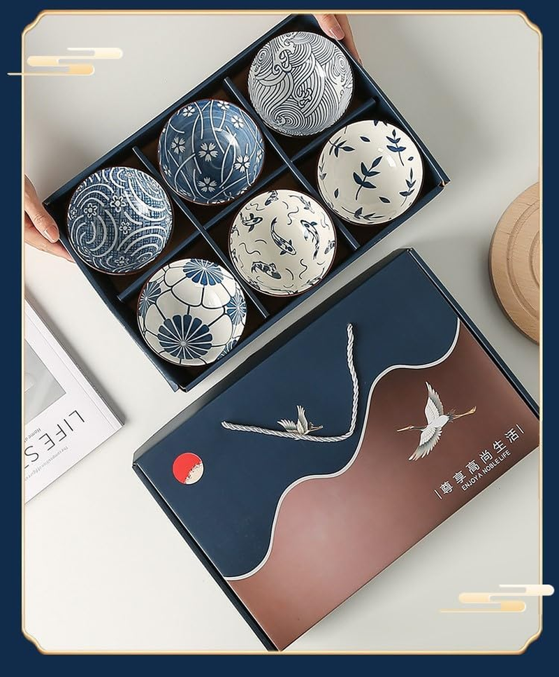 6Pcs Japanese Ceramic Rice Bowls,Blue and White Dipping Bowls Soy Sauce Dish Small Ceramic Bowls Ideal for Sauces Snacks and Party Food Unique Floral Design Kitchen Tableware,300Ml/10 Oz image number 4