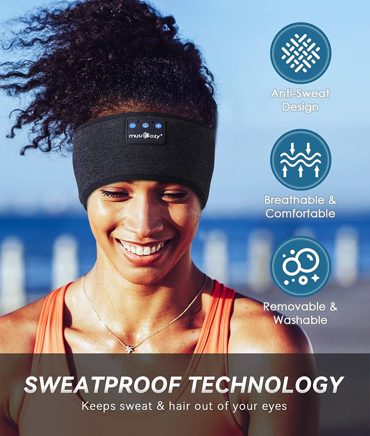 MUSICOZY Sleep Headphones Bluetooth Sports Headband, Wireless Music Headband Headphones, IPX6 Waterproof Headphones with Mic for Sleeping Workout Running Insomnia Side Sleepers Travel AMSR Yoga