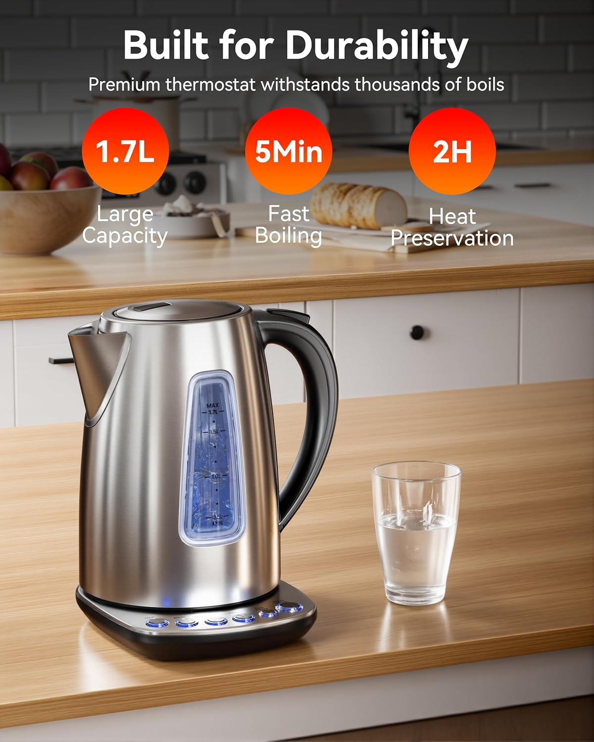 Billord Electric Kettle - 2200W Stainless Steel Kettle for Coffee & Tea, 1.7L Water Boiler with Temperature Control, Fast Boiling Water Kettles with Detachable Base, Auto Shut-Off, Boil-Dry Protection image number 2