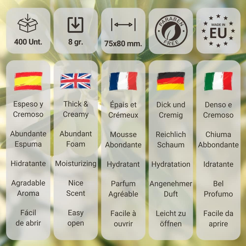 GPQ - Olive Shower Gel, 400 Units X 8 G, Hotel Equipment, with Olive Oil, Paraben-Free, for Hotels, Country Houses, Apartments, Cruise Ships, Airbnb, B&B, Etc image number 6