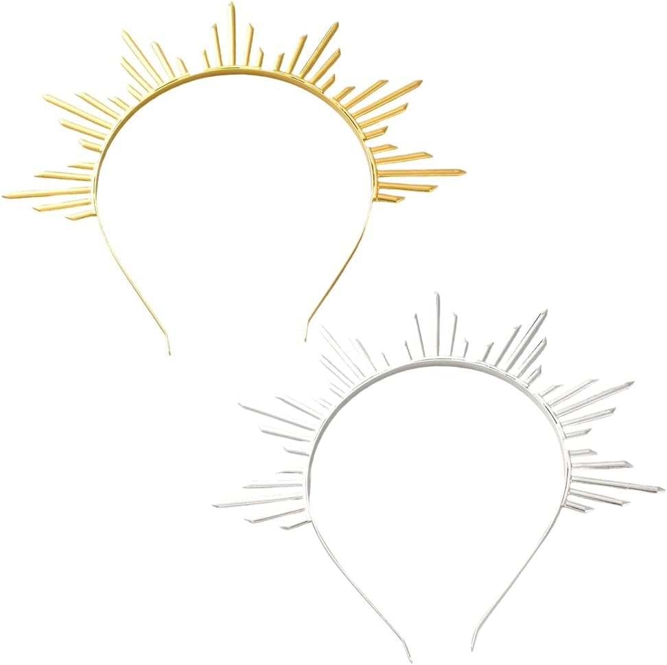 CABODYALS 2Pcs Gold Silver Sun Goddess Halo Crown Renfaire Sunburst Zip Tie Spikes Angel Celestial Headband Renaissance Cosplay Costume Headpiece Hair Bands for Women Wedding Halloween Dance Accessory image number 2