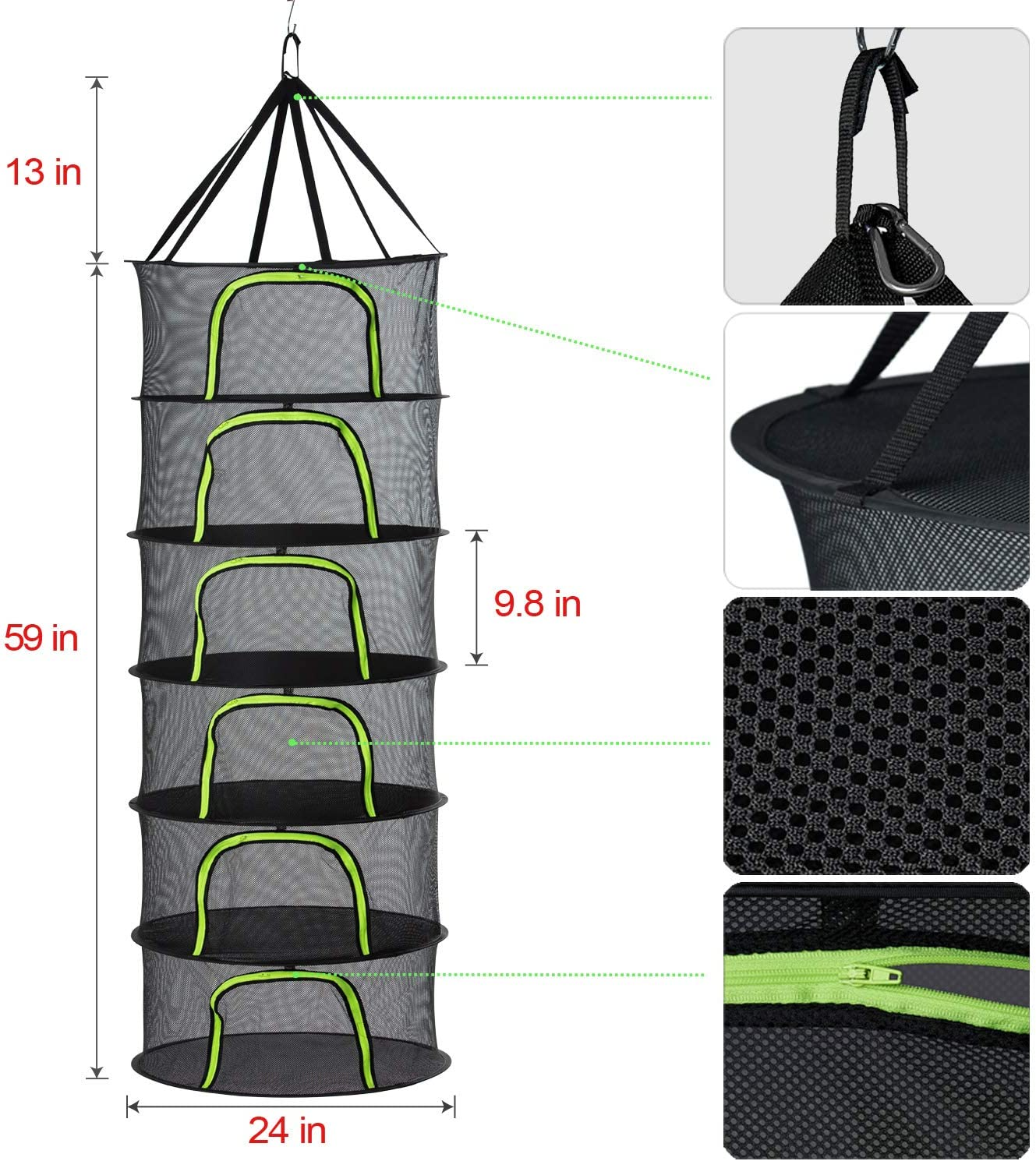 6 Tier Black Mesh Zippered Herb Drying Rack Hanging Dryer Dry Net with Pruning Shear for Hydroponics image number 1