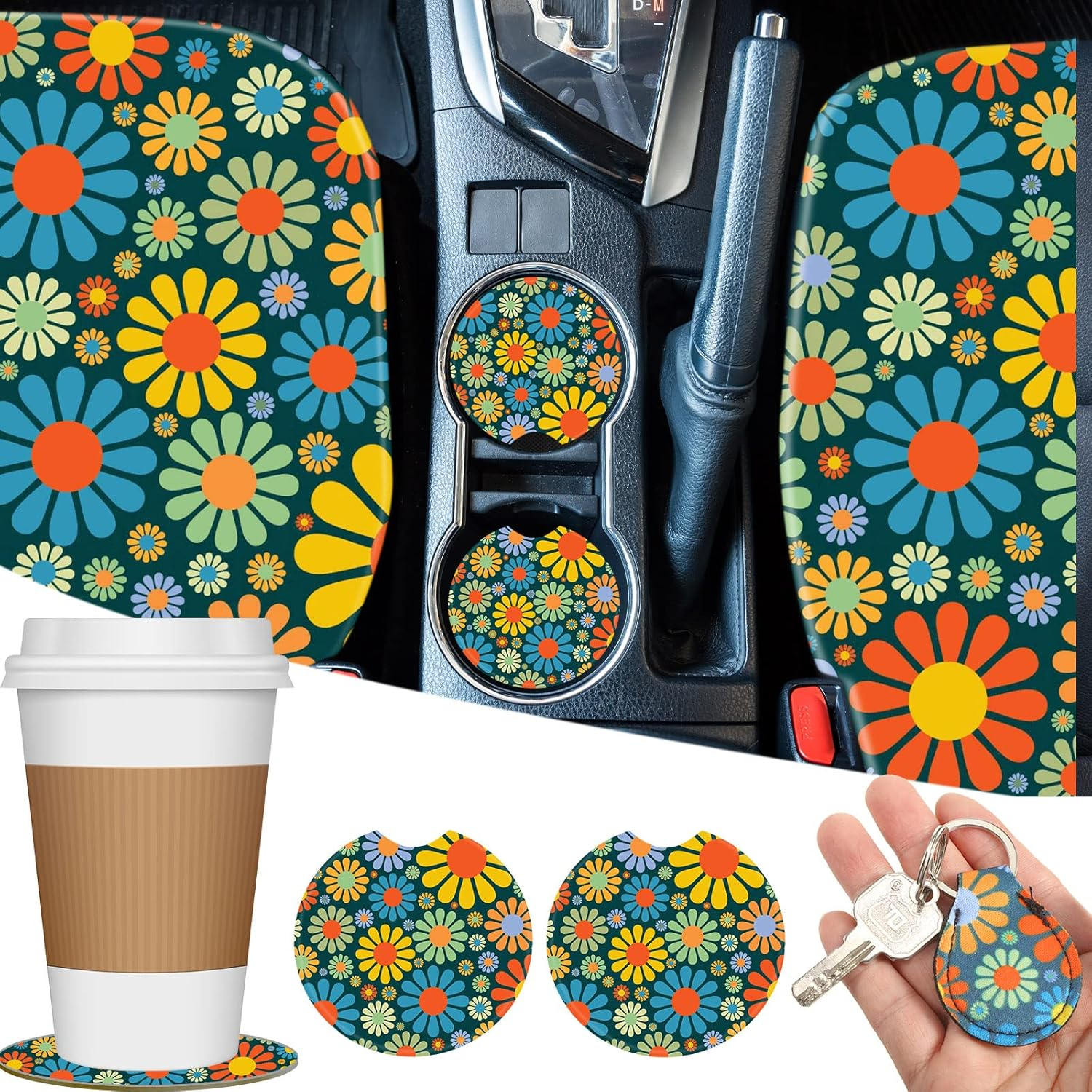 Tallew Abstract Hippie Flower Car Accessories Set - Car Seat Covers, Steering Wheel Cover, License Frames, Armrest Cover, Seat Belt, Cup Holder, Keyrings