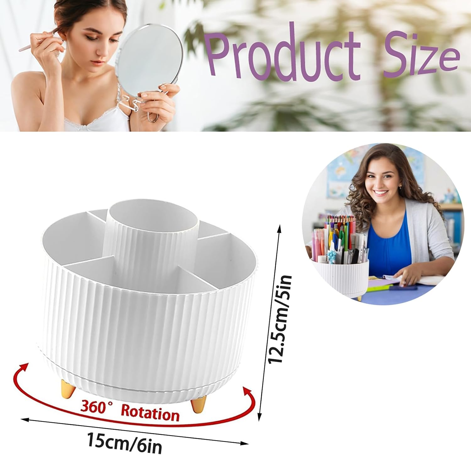 360&deg; Rotating Makeup Brush Holder Organizer - White Cosmetic Storage for Brushes, Nail Polish, Art Supplies - Countertop & Vanity Desktop Organizer image number 4