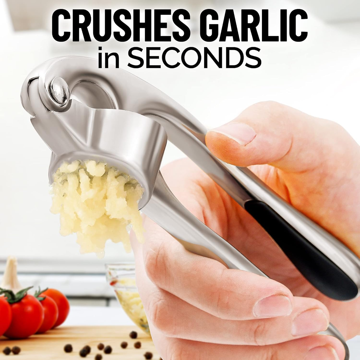 Zulay Kitchen Premium Garlic Press Set - Rust Proof & Dishwasher Safe Professional Garlic Mincer Tool - Easy-Squeeze, Easy-Clean with Soft, Ergonomic Handle - Silicone Garlic Peeler & Brush (Silver) image number 6