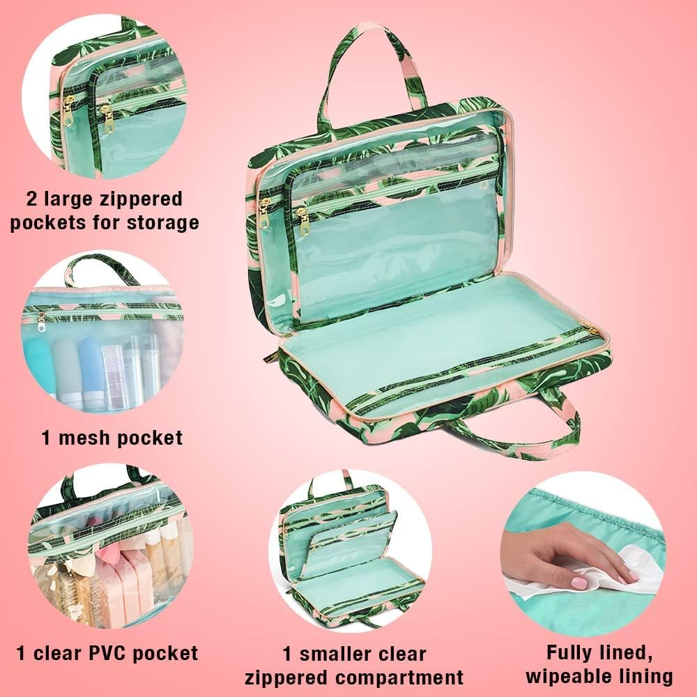 Conair Travel Makeup Bag, Large Toiletry and Cosmetic Bag with Internal Organizer, Perfect for Weekend Getaways or Long Vacations, Weekender Shape in Pink Palm Print image number 2